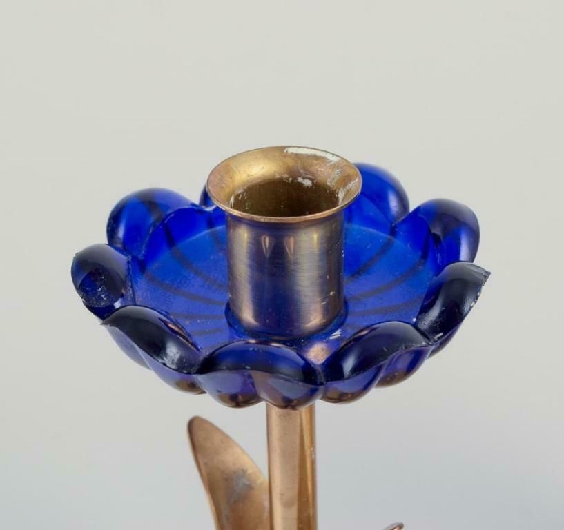 Gunnar Ander For Ystad Metall. Candlestick Holder In Brass And Blue Art Glass photo for sale