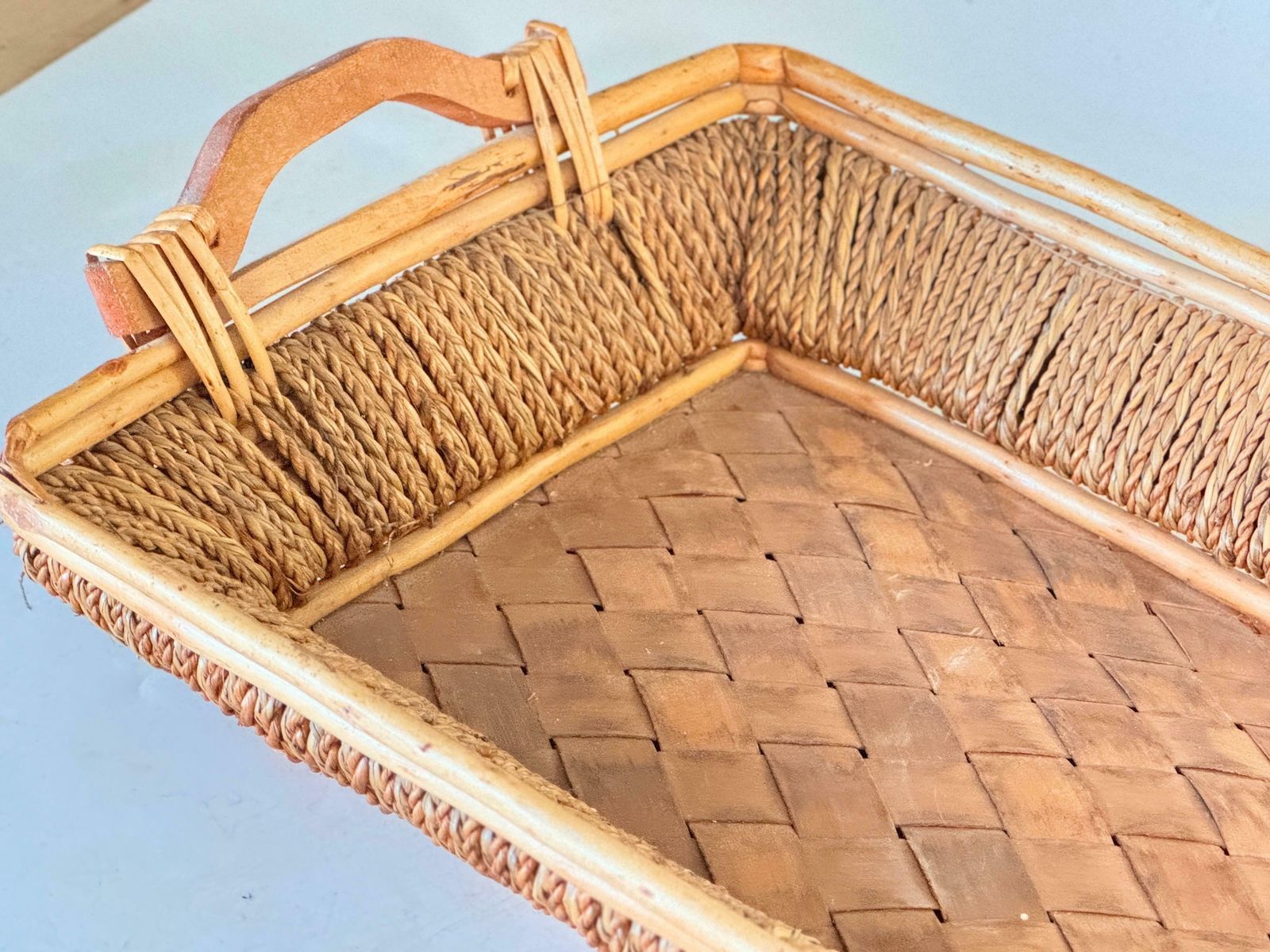 Rattan And Rope Italian Basket Bowl Centerpiece, 1970s Crespi Style photo vinterior