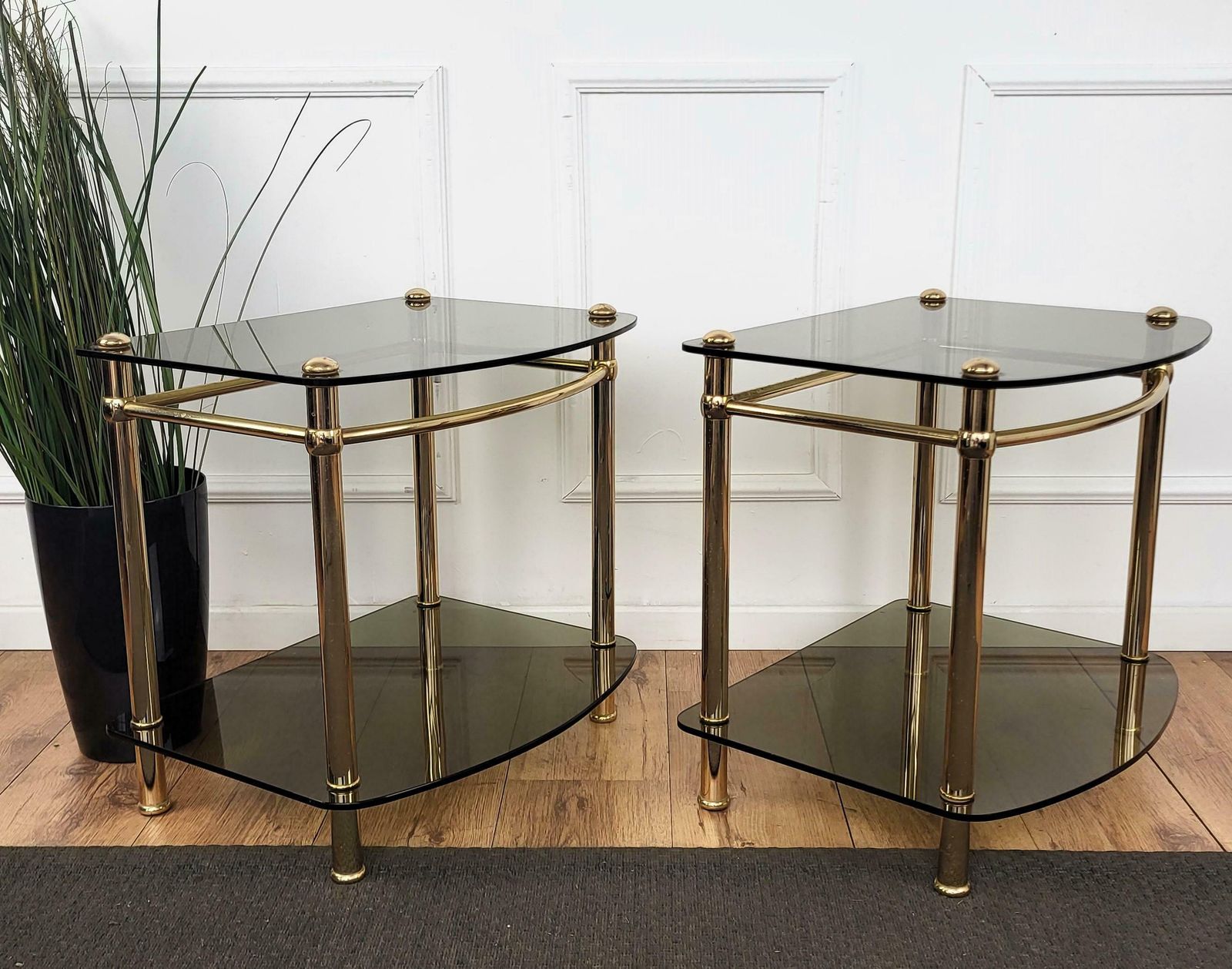 1980s Italian Hollywood Regency Style Brass And Glass Two Shelves Side Tables photo buy
