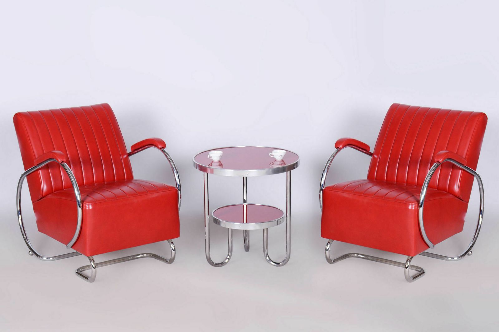 Restored Bauhaus Pair Of Armchairs, By Hynek Gottwald, Leather, Czech, 1930s photo furniture