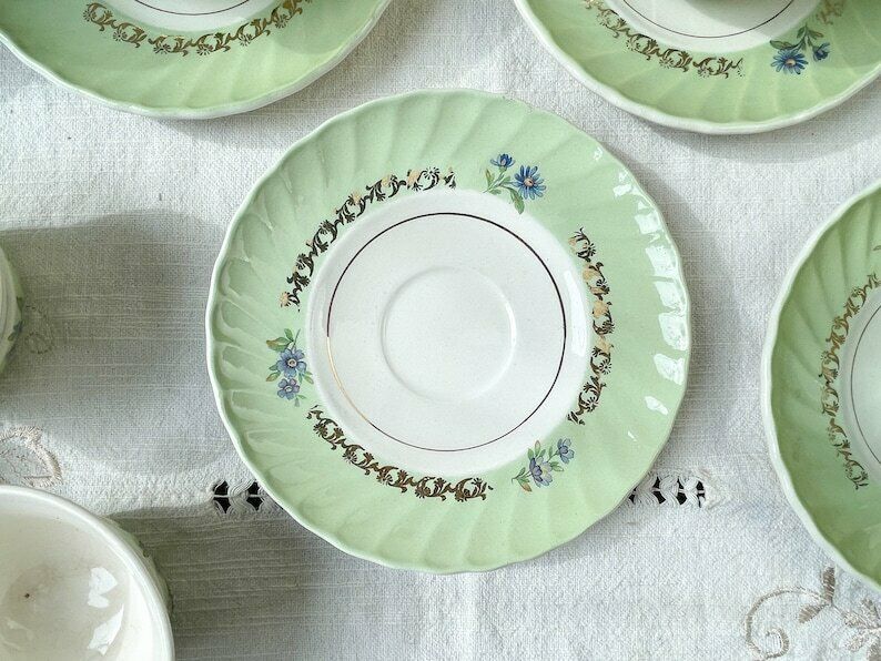 Vintage Tea/Coffee Service In White Green Gold Porcelain Salins Made In France photo Home Decor