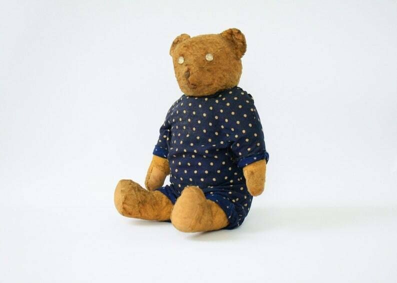 Vintage Small Baby Teddy Bear In Blue Polka Dot