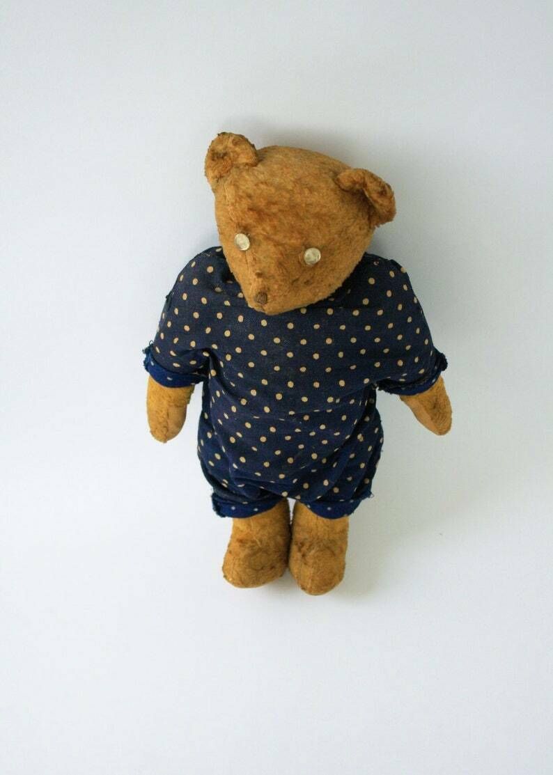 Vintage Small Baby Teddy Bear In Blue Polka Dot photo buy
