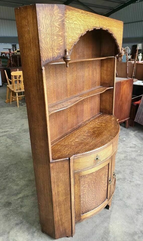 Antique Repro Oak Bow Front Dresser Cupboard Drawers Shelves Cabinet photo furniture