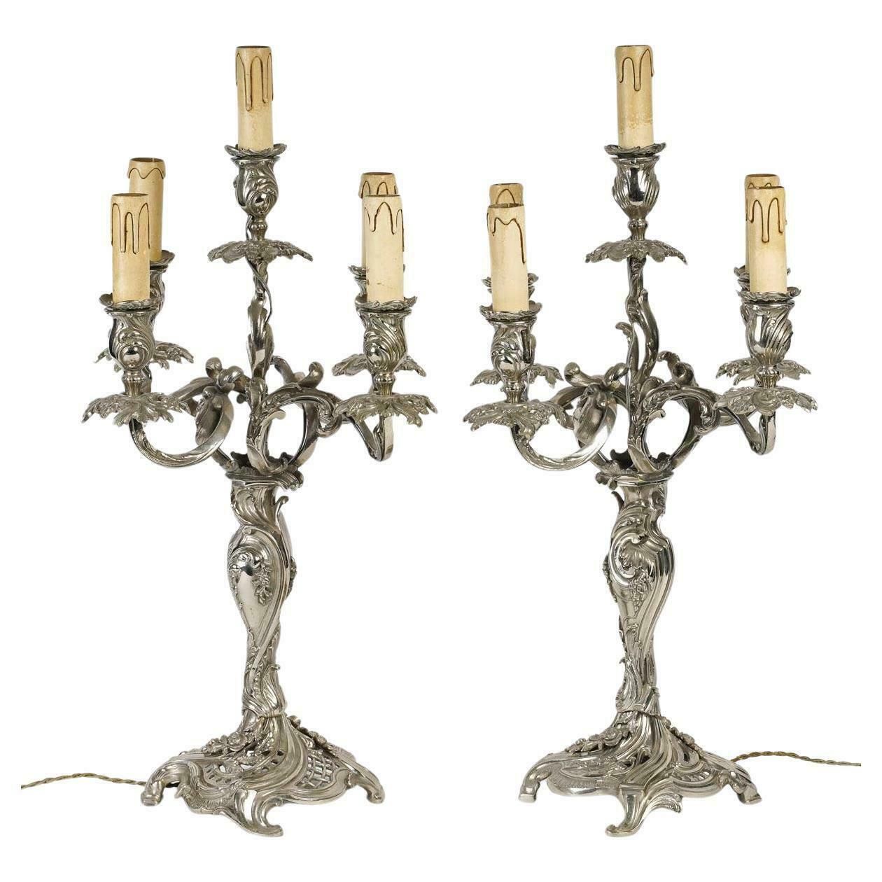 Pair Of Louis XV Style Silver Plated Bronze Candelabra, 19th Century.