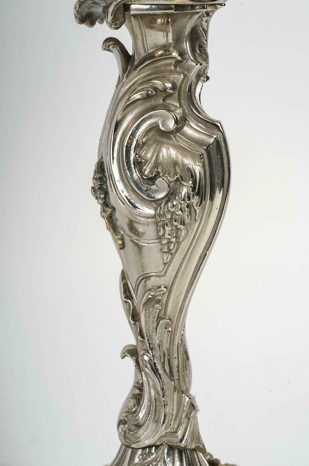 Pair Of Louis XV Style Silver Plated Bronze Candelabra, 19th Century. photo 3035.0