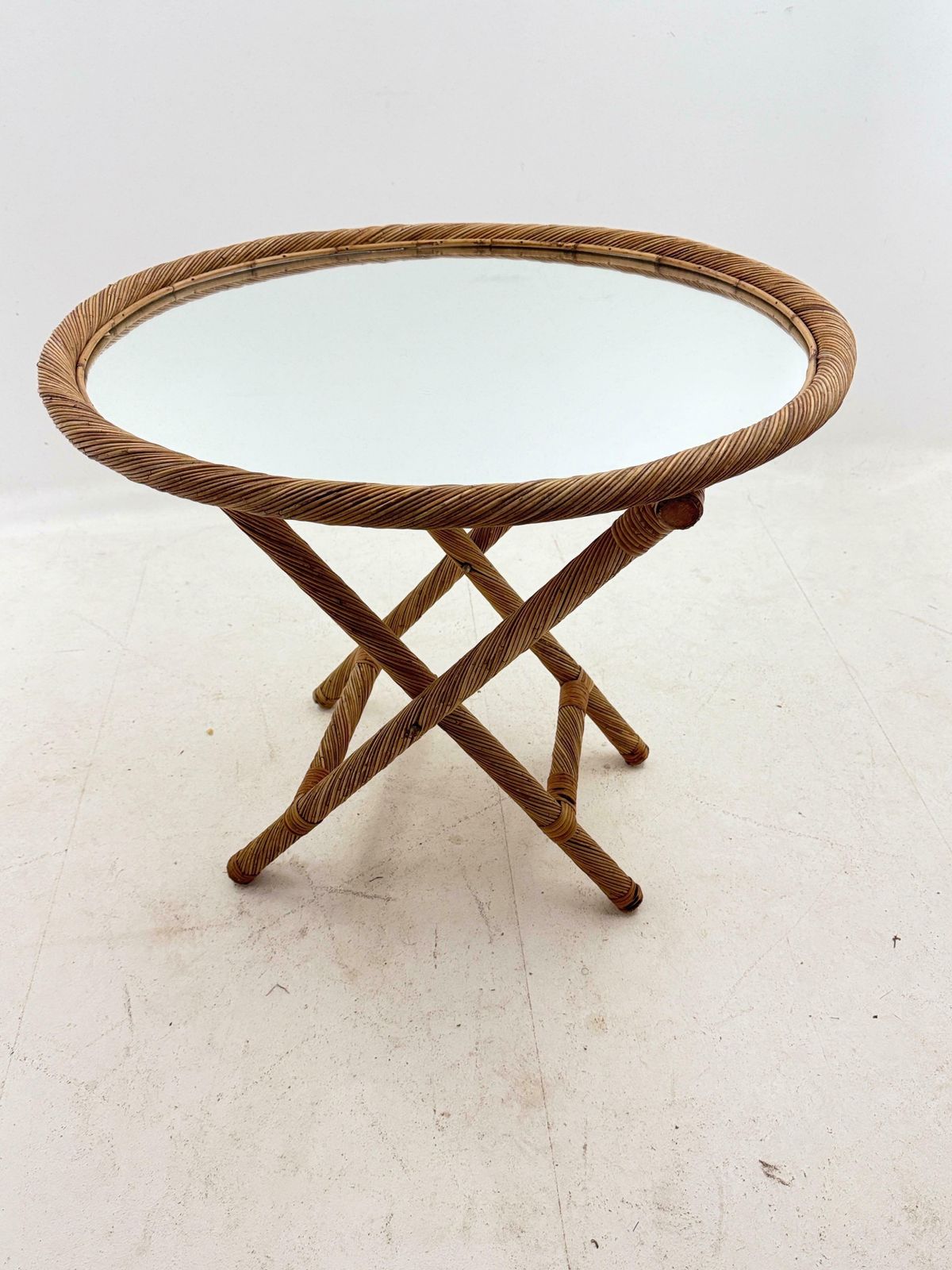 Folding Rush Tray Table Mirrored Top France 1970 Gabriella Crespi Style photo for sale