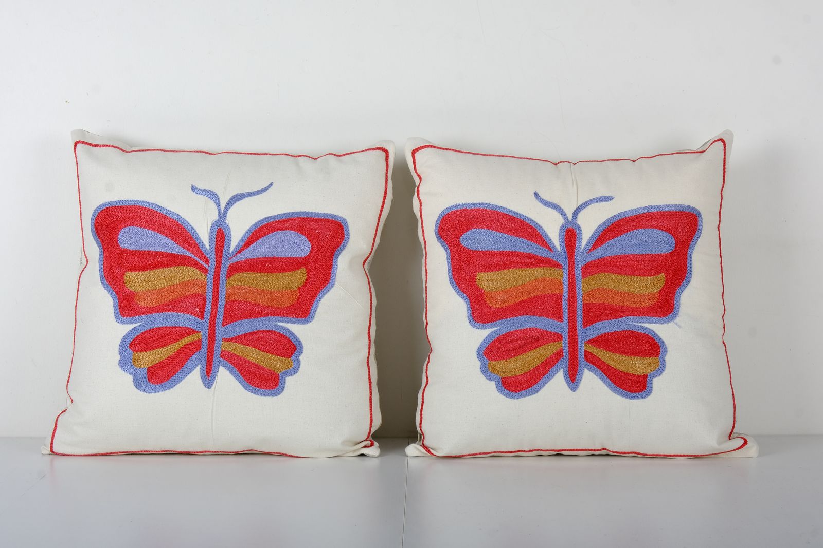 Uzbek Butterfly Suzani Cover With Animal Motif, Set Of Two Wild Life Pictorial Suzani Pillow Case