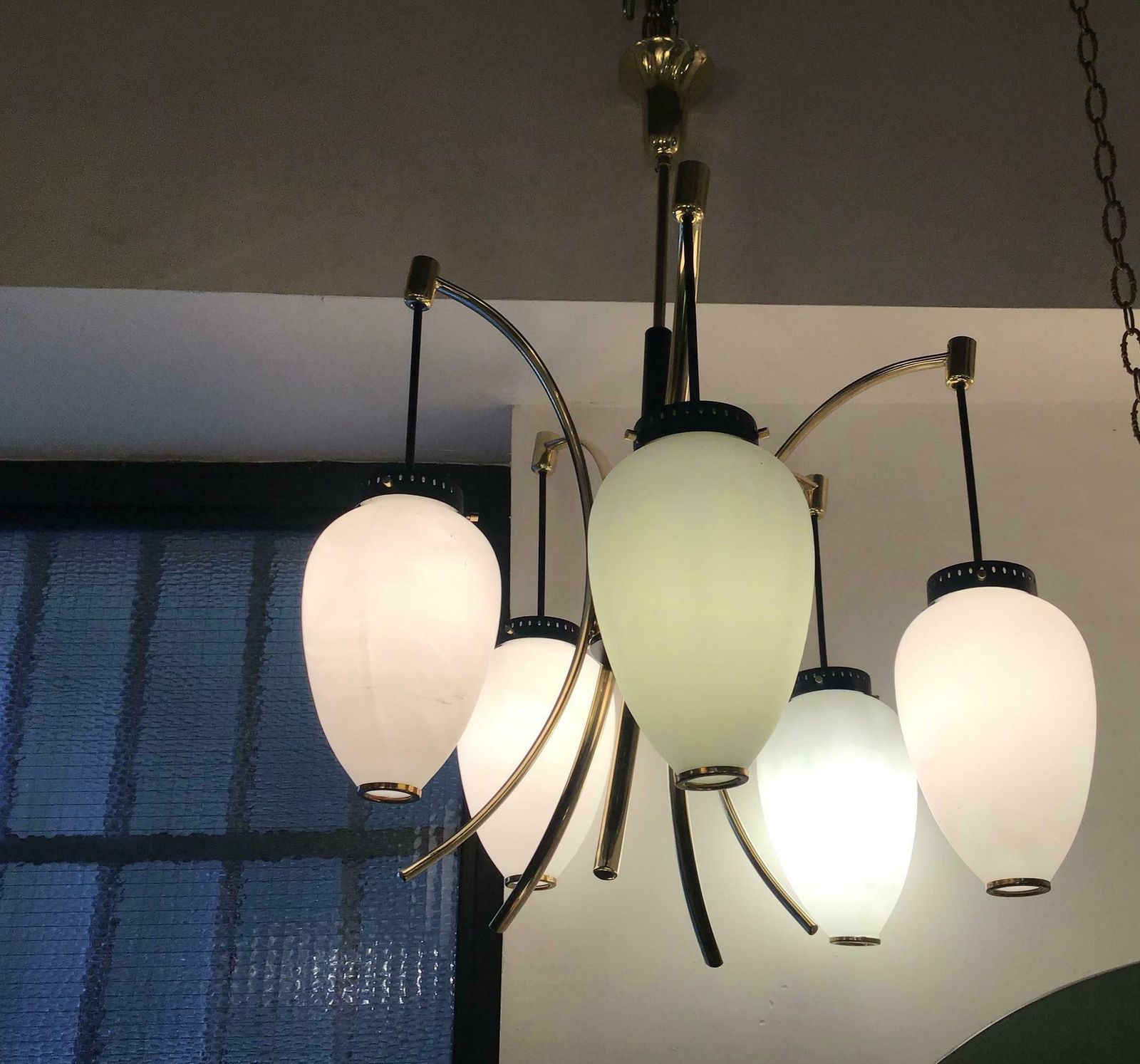 Stilnovo Chandelier Opaline Glass Brass Iron 1950 Italy photo vinterior