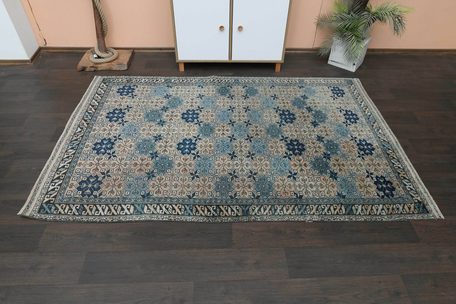 Antique Rug, Orange Blue Rug, Turkish Oushak Rug, Handmade Vintage Rug, 5x8 Area Rug, Living Room Rug, Washable Wool Rug photo for sale