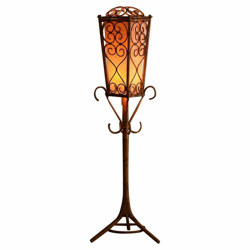 Mid Century Floor Lamp Made Of Rush With Geometric Patterns And Large Lampshade