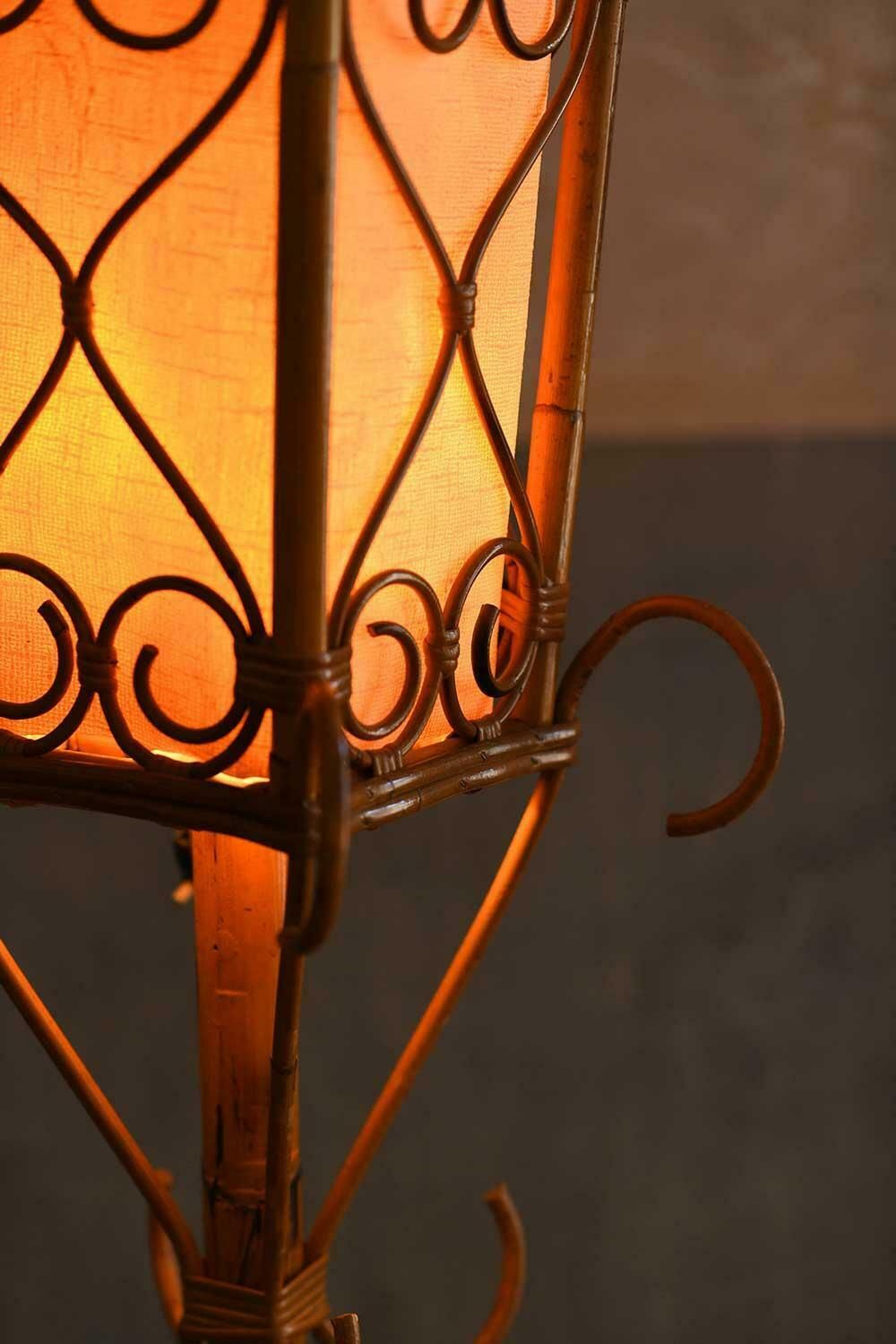Mid Century Floor Lamp Made Of Rush With Geometric Patterns And Large Lampshade photo vinterior