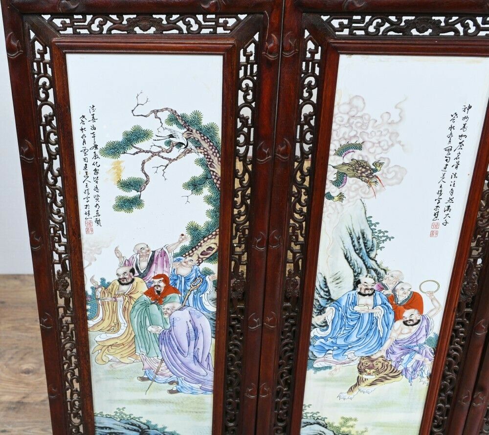 Set Chinese Porcelain Plaques Hand Painted Hardwood Frame 1930 photo Home Decor