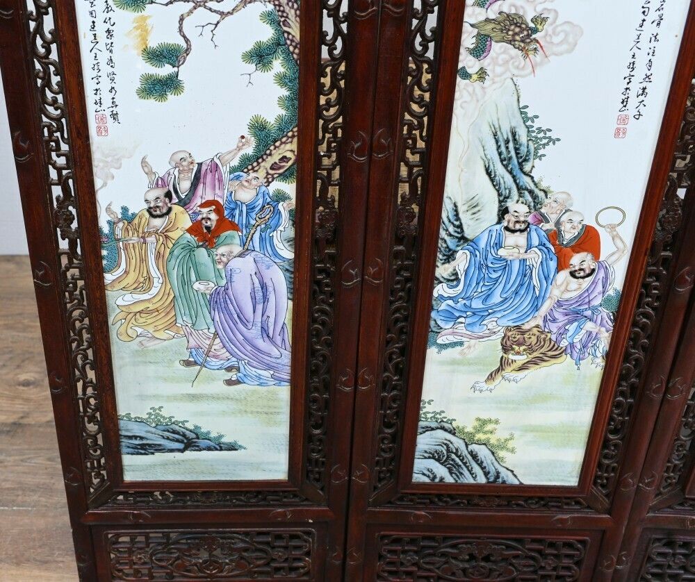 Set Chinese Porcelain Plaques Hand Painted Hardwood Frame 1930 photo vinterior