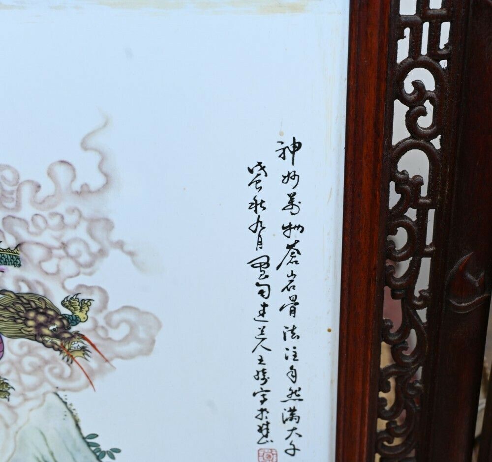 Set Chinese Porcelain Plaques Hand Painted Hardwood Frame 1930 photo buy