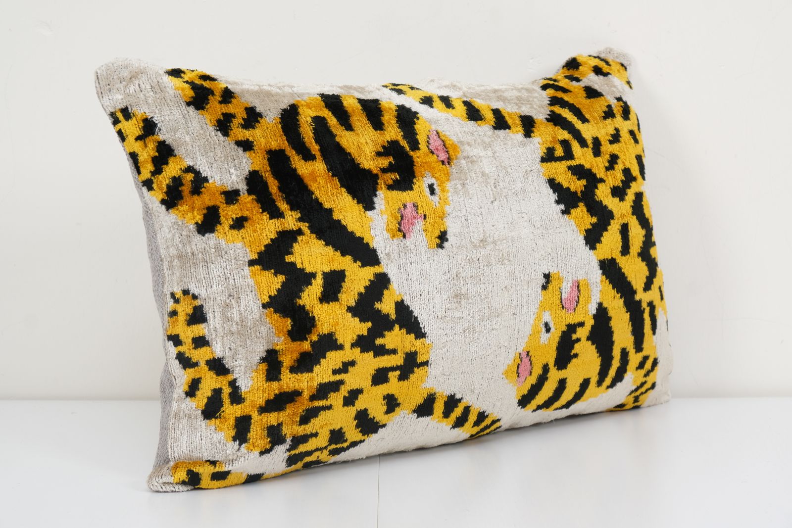 Tiger Ikat Velvet Pillow, Silk Lumbar Cushion Cover, Yellow Animal Lumbar Pillows, Boho Pillow photo furniture