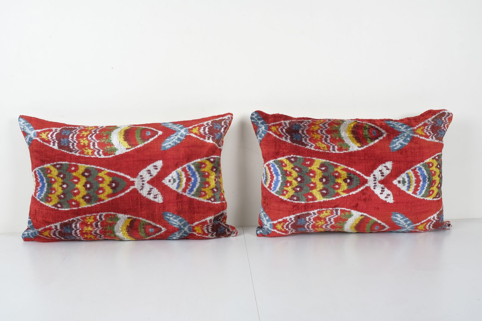 Bohemian Fish Figured Silk Ikat Velvet Pillowcase, Set Ethnic Animal Pattern Velvet Designer Cushion   Pair Handloom Ikat Case 16'' X 24''