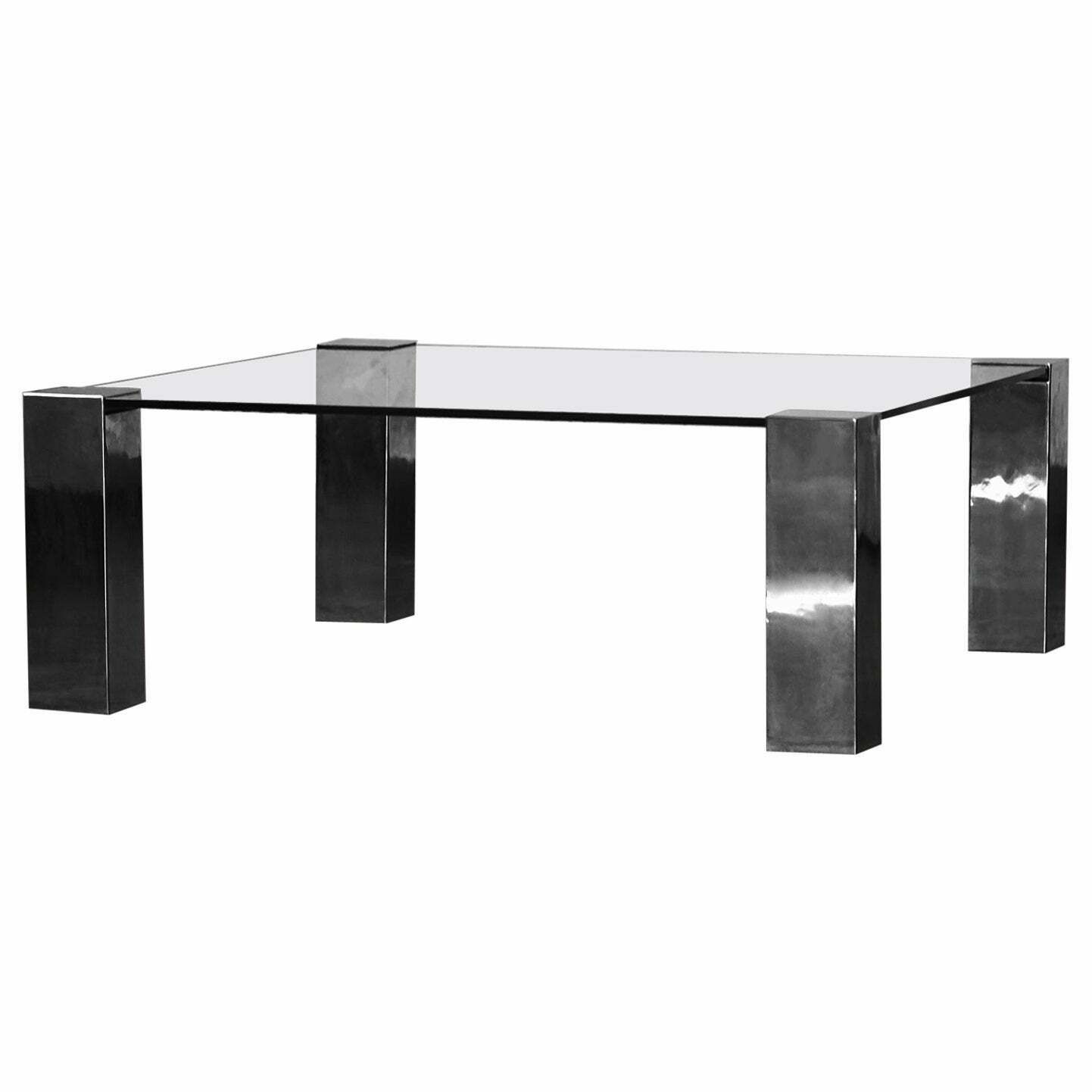 Coffee Table In Chromed Metal And Dark Glass In The Style Of Willy Rizzo.