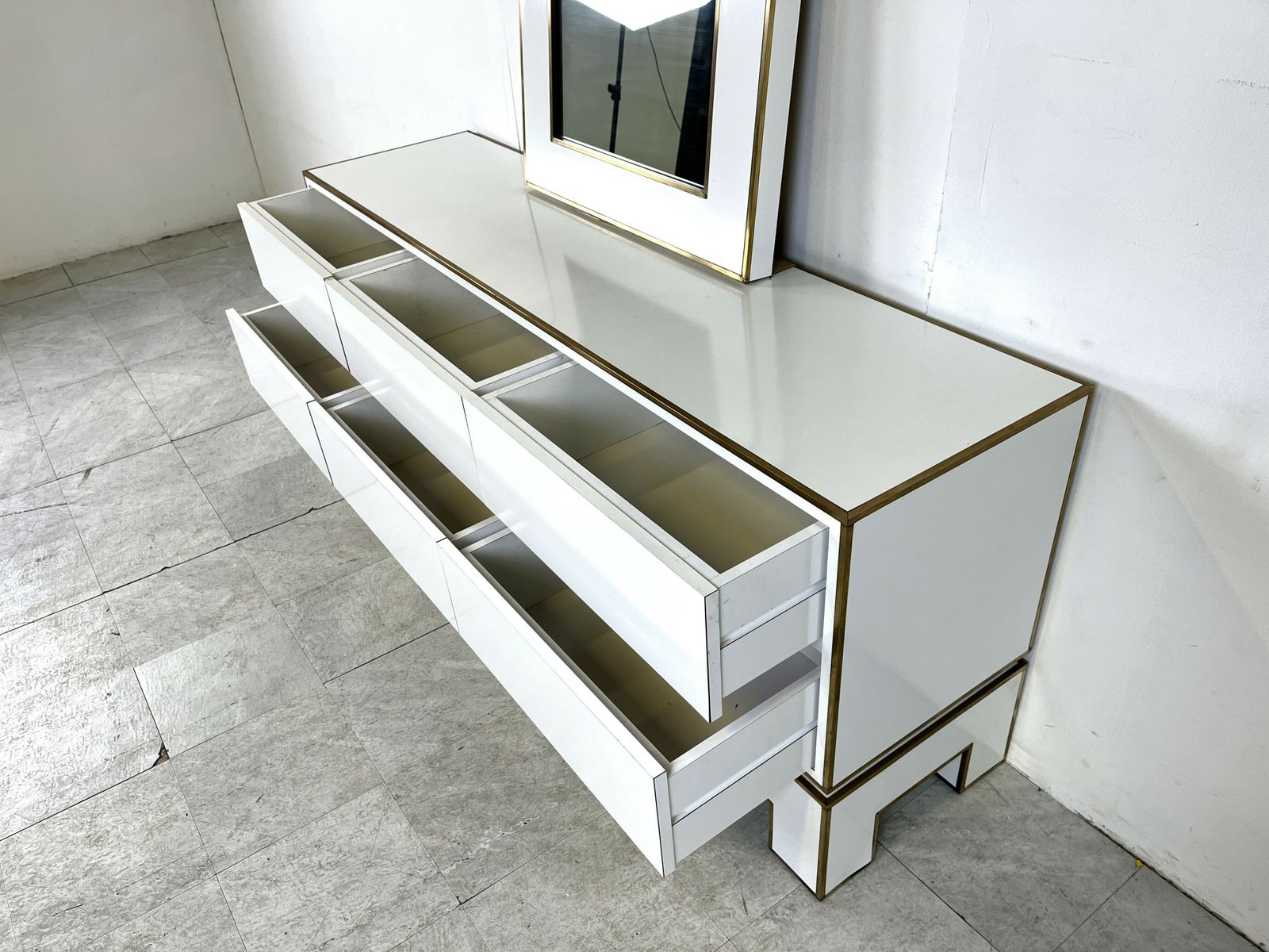 White Lacquered Credenza By Alain Delon With Mirror, 1970s photo buy