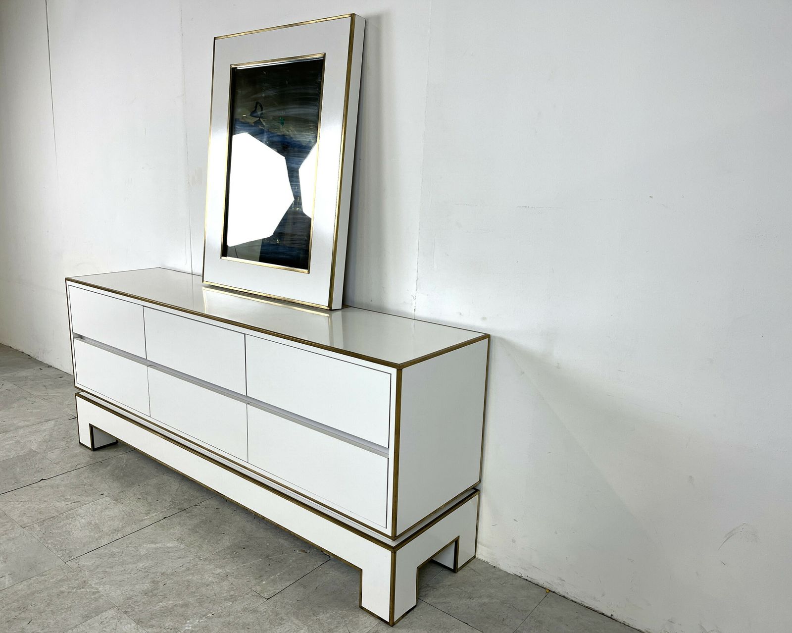 photo for sale White Lacquered Credenza By Alain Delon With Mirror, 1970s