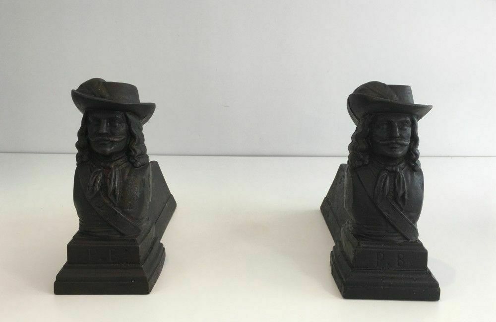 Pair Of Cast Iron Andirons With The Effigy Of A Musketeer photo for sale