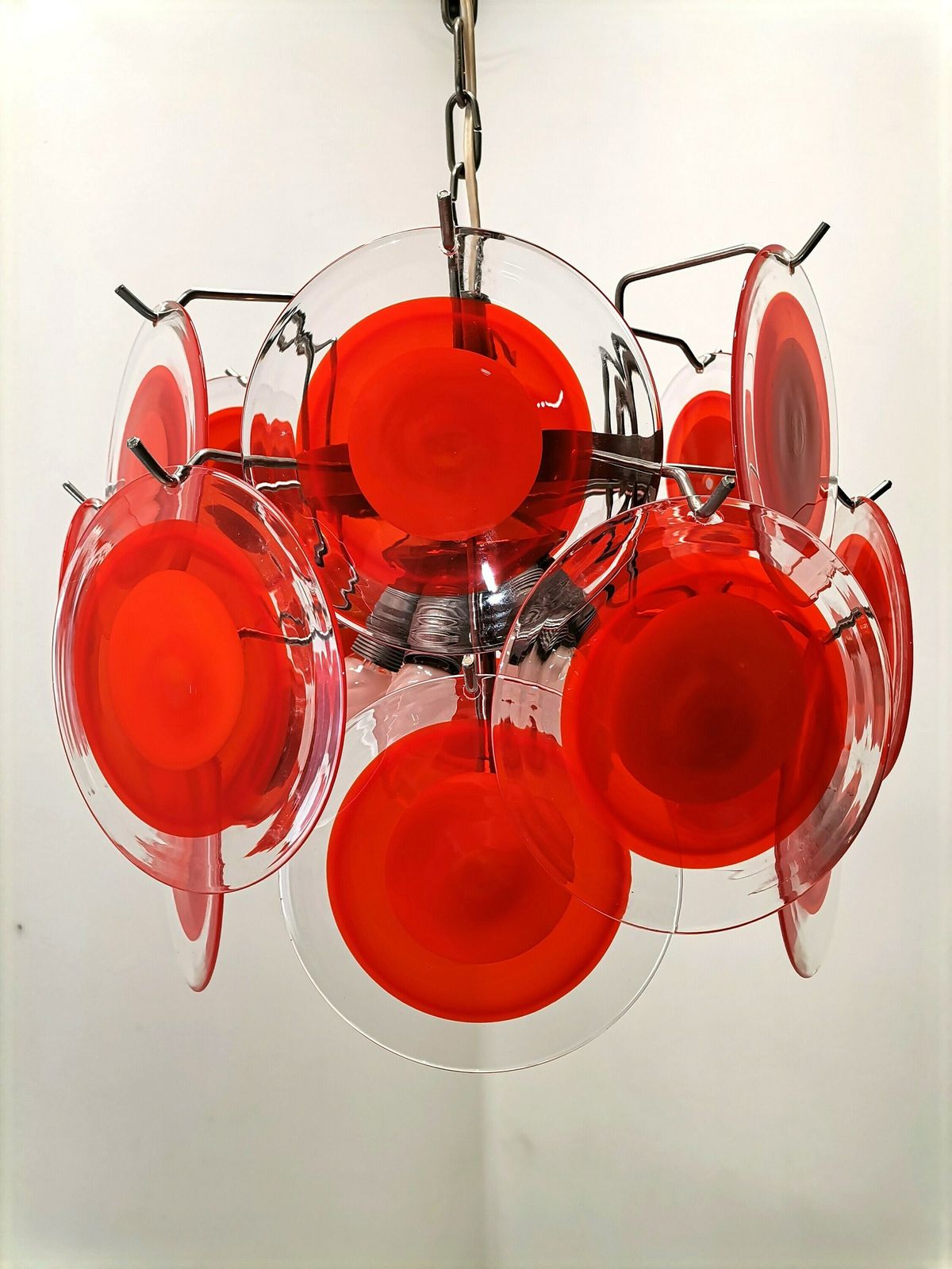 Vintage Chandelier With 18 Murano Glass Discs / 60s Italy / Gino Vistosi Style Space Age Murano Pendant Light