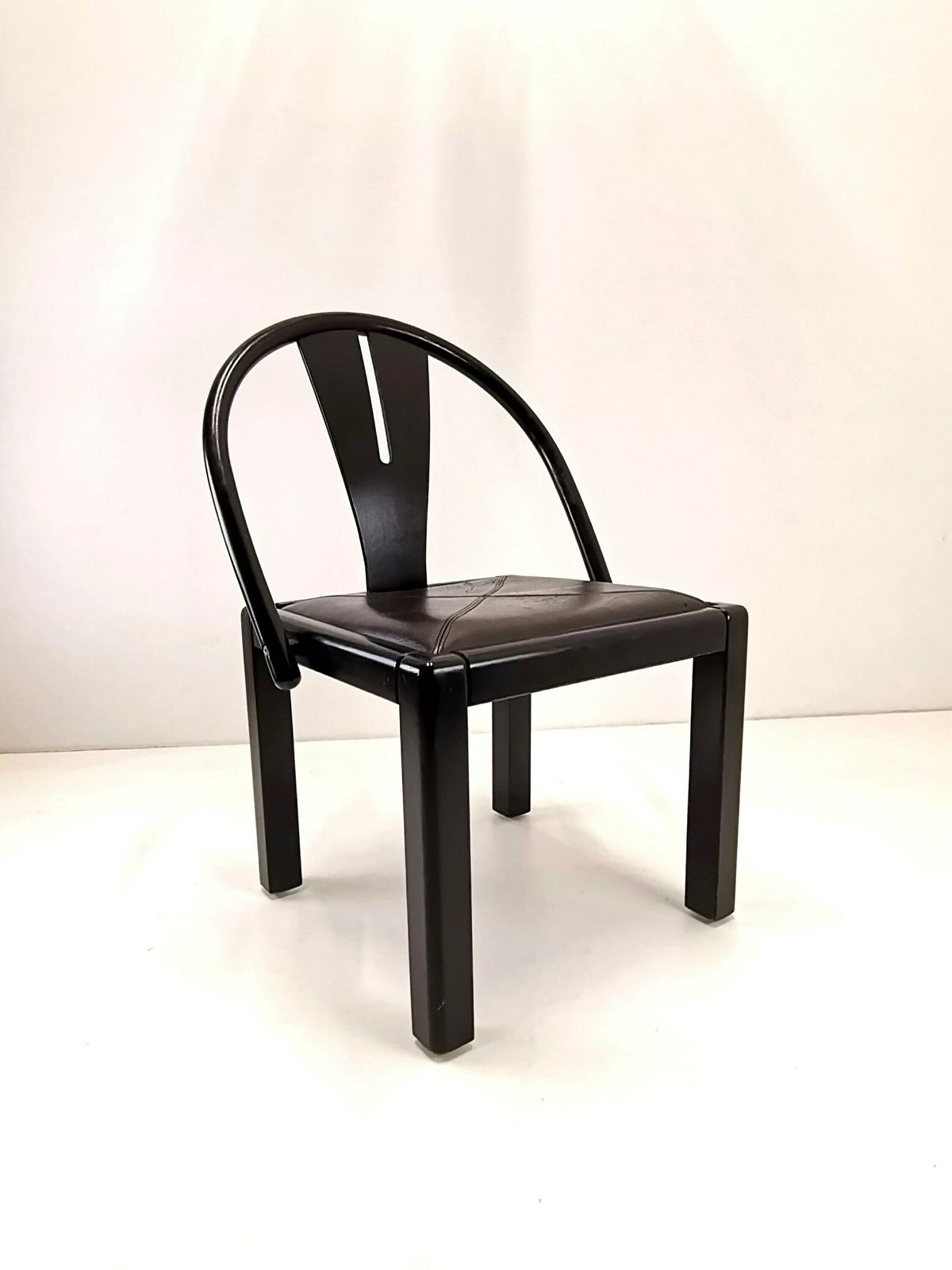 Rare Postmodern Dining Chair / Italian Design / Solid Wood And Leather Seat / Dining Office Chairs / 80s Italy
