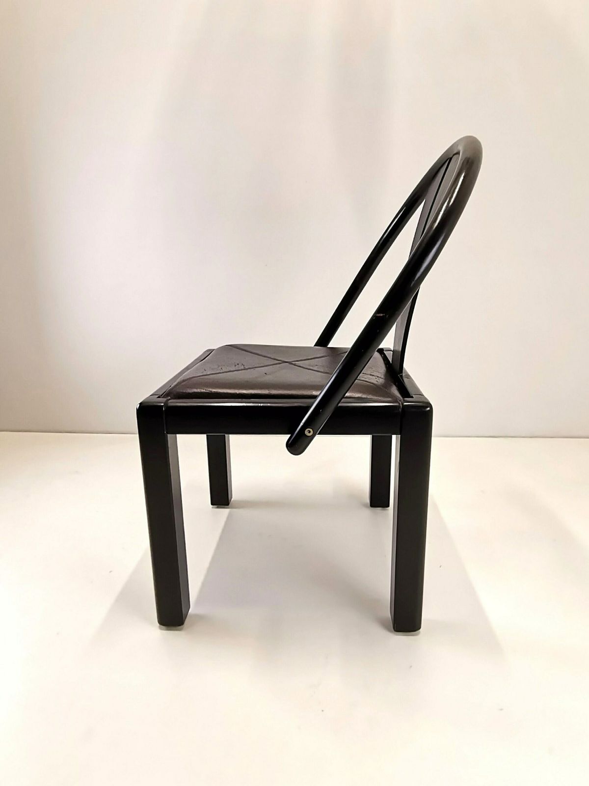 Rare Postmodern Dining Chair / Italian Design / Solid Wood And Leather Seat / Dining Office Chairs / 80s Italy photo for sale
