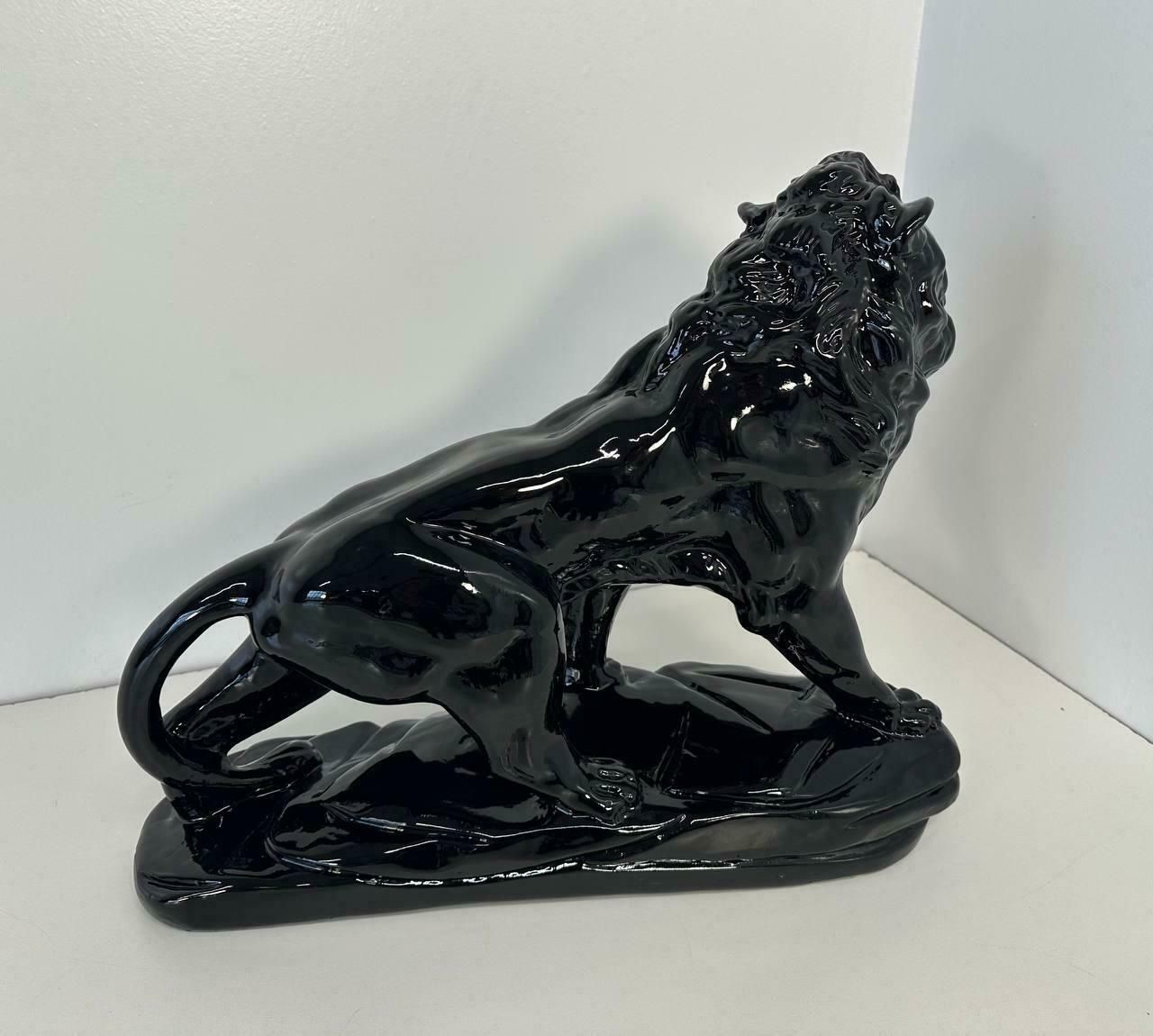 Italian Art Deco Fired Clay Black Polished Lion, 1930s photo Art
