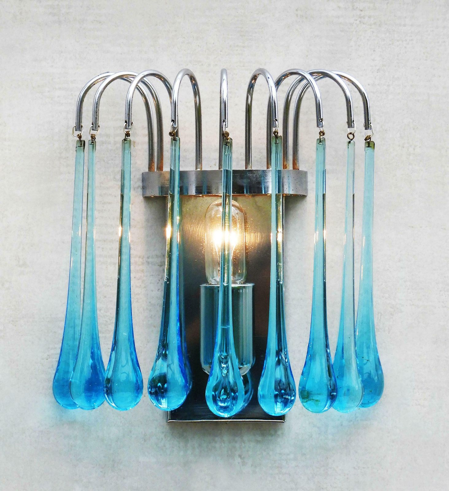 Pair Of Waterfall Venini Style Wall Light Sconces Blue Murano Glass & Chrome 70s photo vinterior