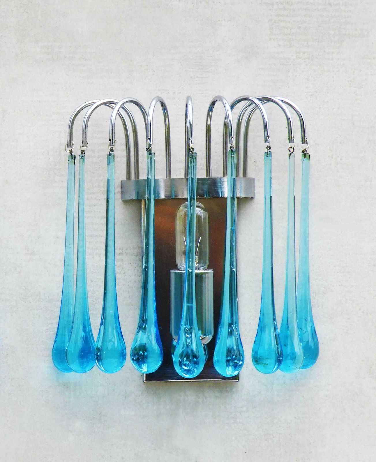 Pair Of Waterfall Venini Style Wall Light Sconces Blue Murano Glass & Chrome 70s photo vintage