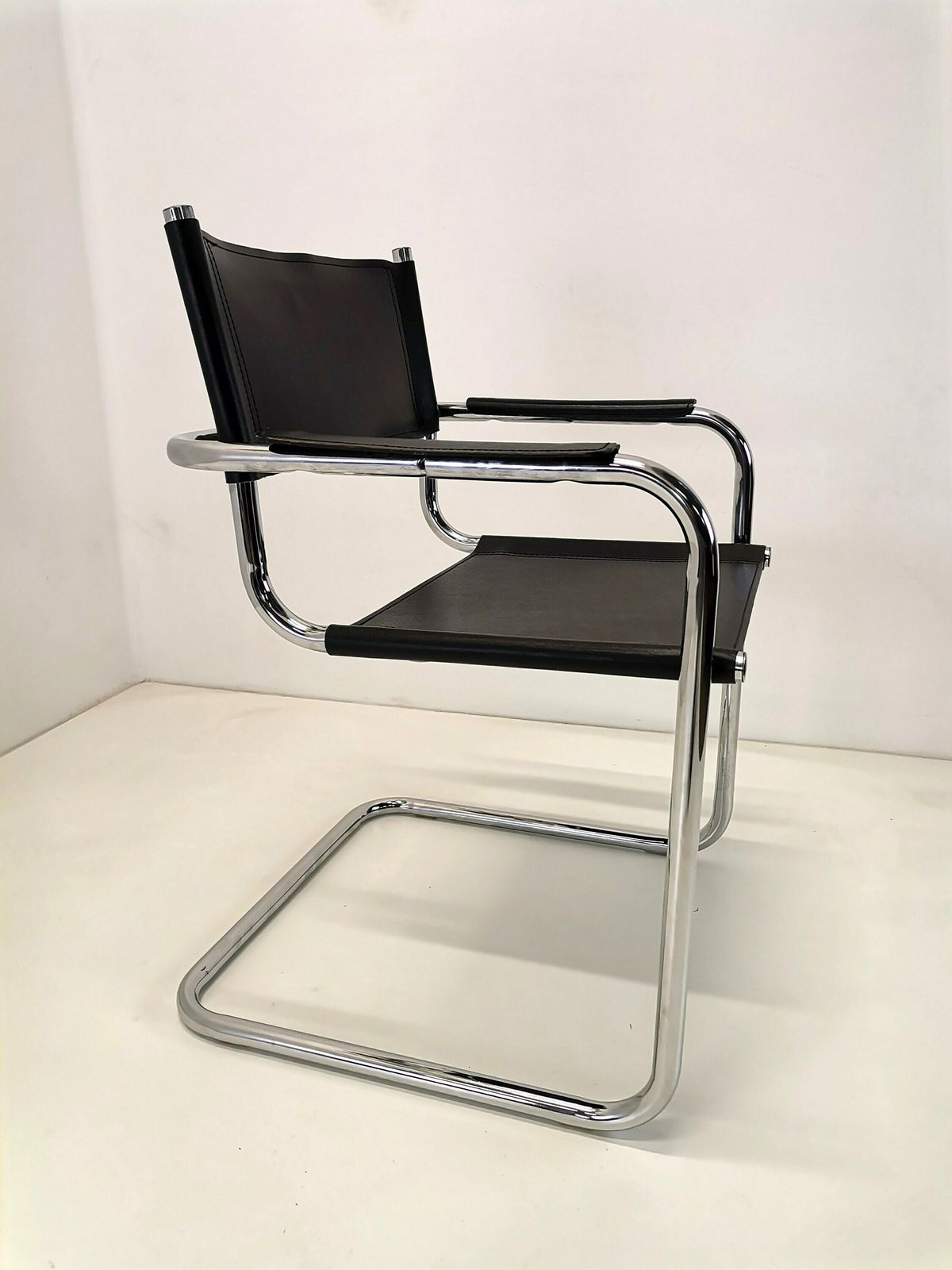 Black Leather Cantilever Chair / 70s 80s Italy / Leather And Chrome / Bauhaus Design Mart Stam Style Office Chair