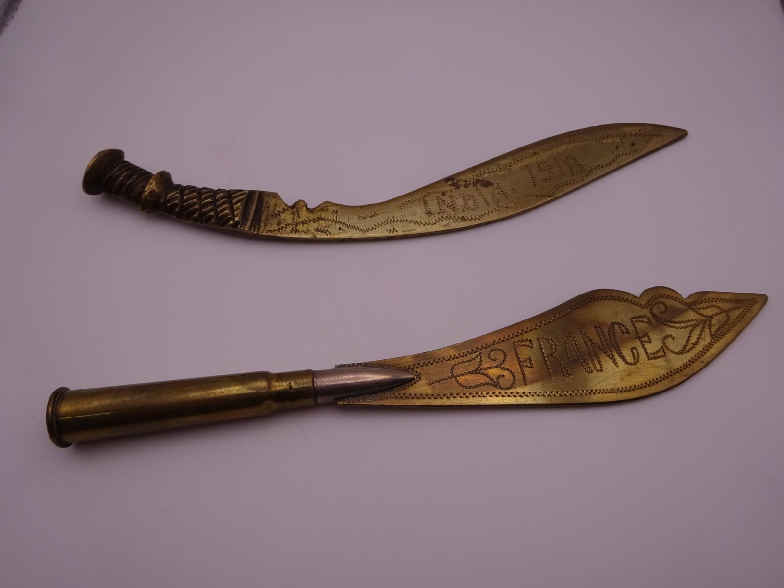 Two Antique Brass Letter Openers (Trench Art And Kukri Knife) photo furniture