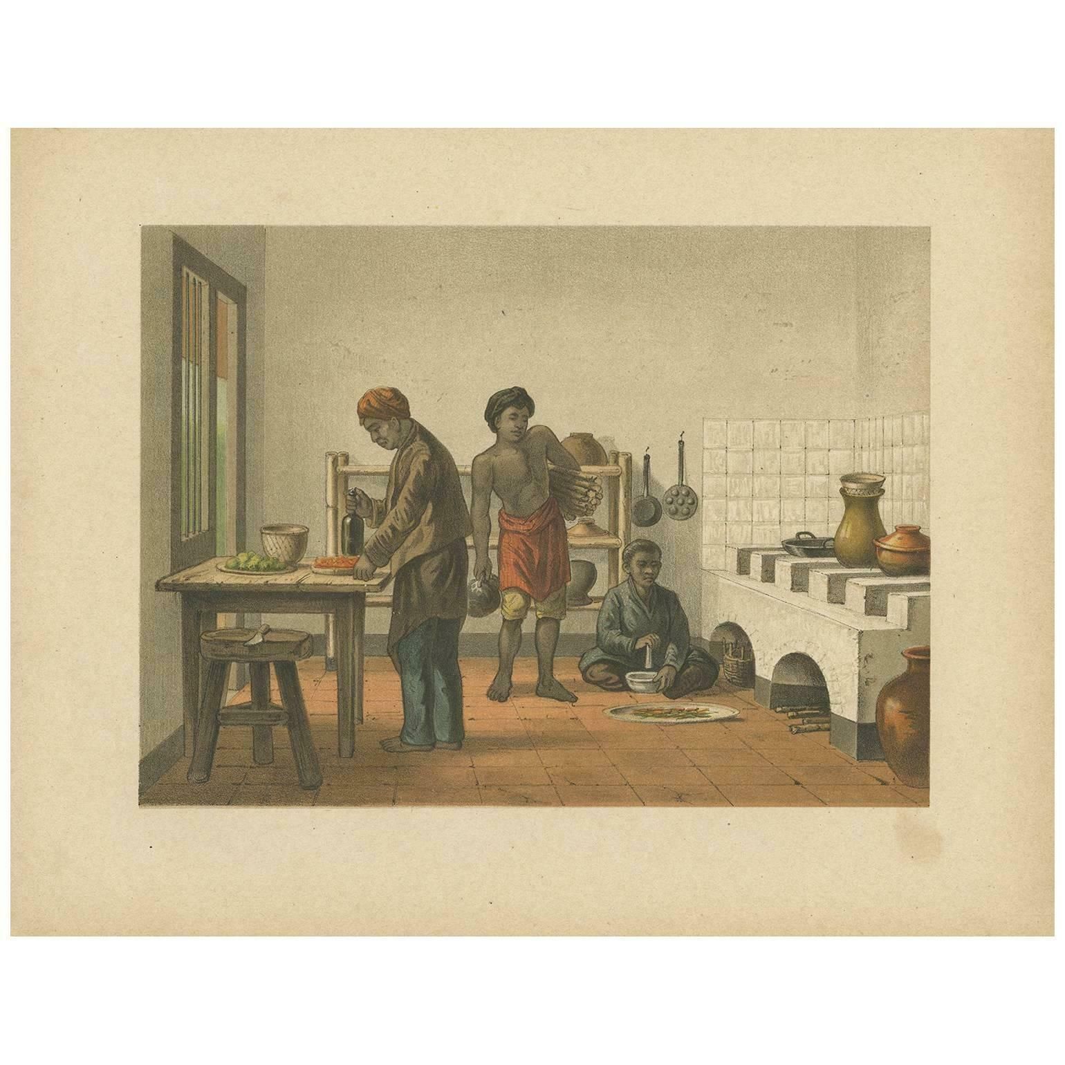 Antique Print Of A Kitchen In Batavia By M.T.H. Perelaer, 1888