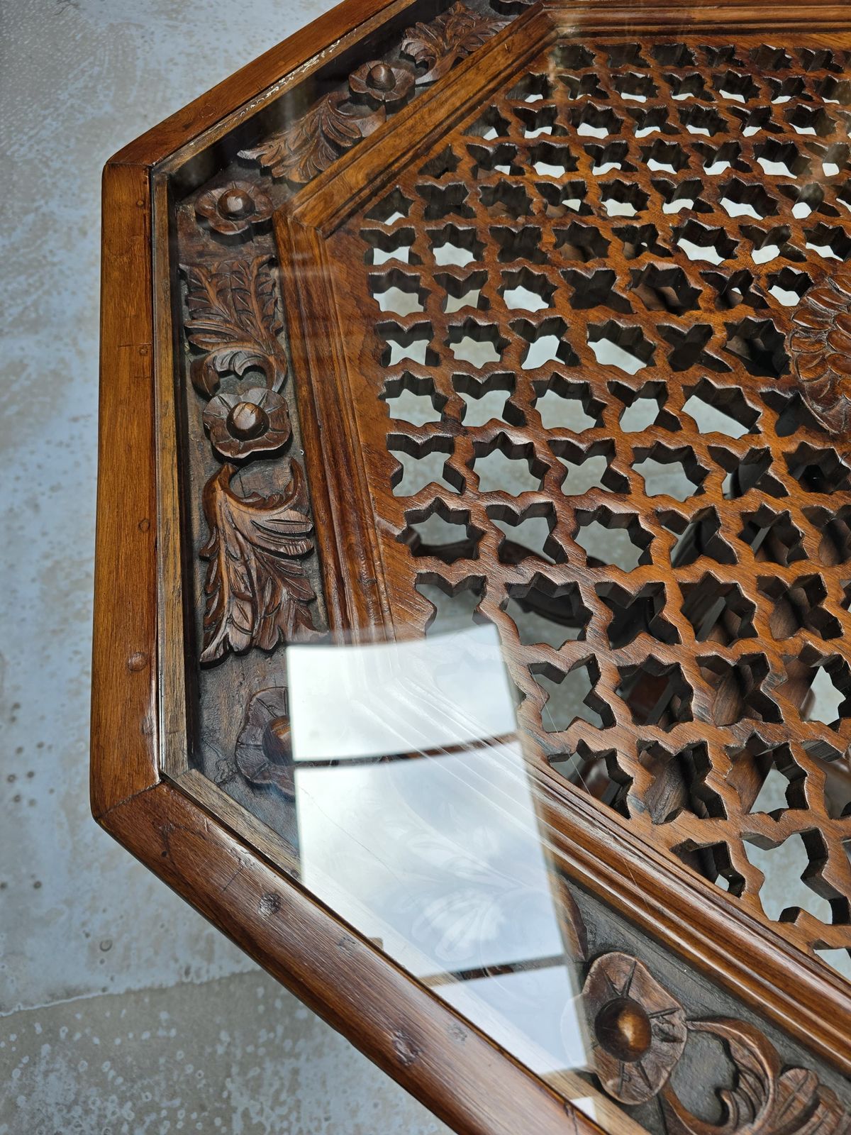 Antique Octagonal Teakwood Dining Table With Glass Top | Hand Carved In Gujarat, India, Circa 1940 photo Furniture