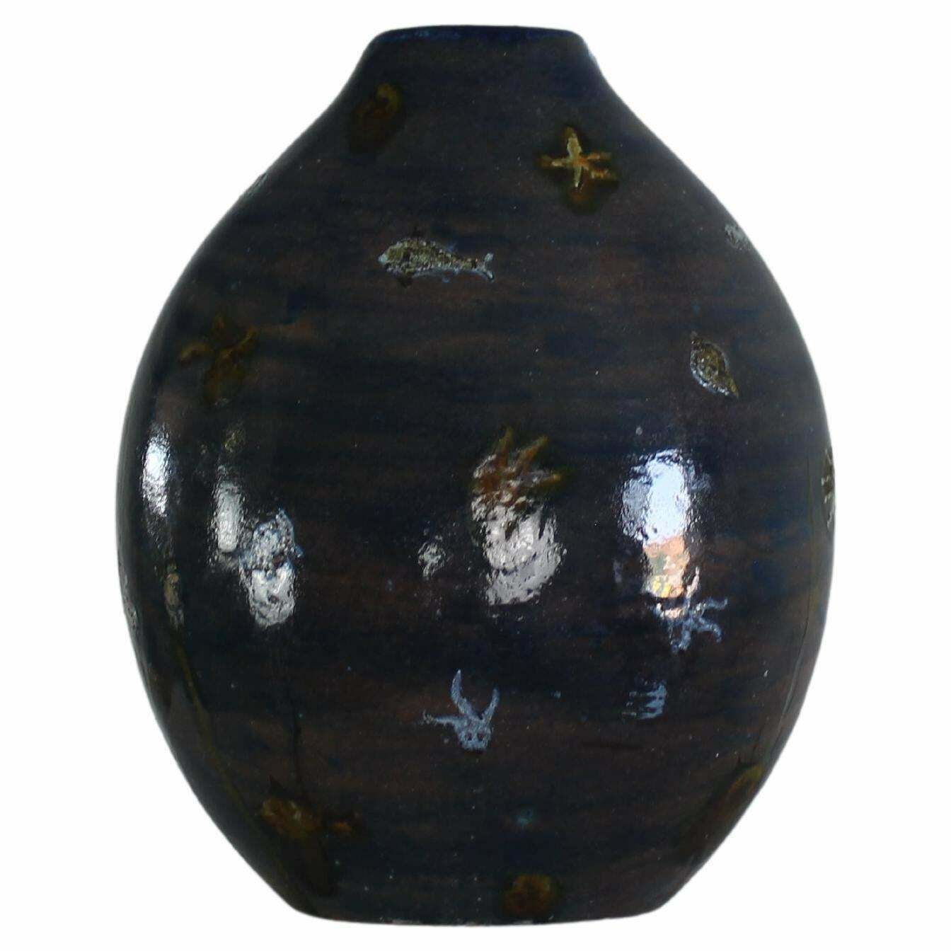 Angelo Ungania Vase In Blue Ceramic With Marine Decorations 1940s Italy