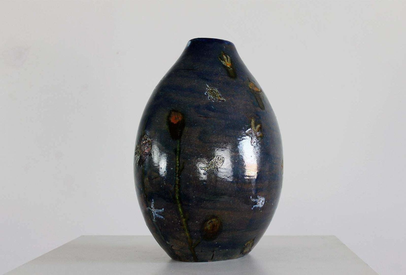 Angelo Ungania Vase In Blue Ceramic With Marine Decorations 1940s Italy photo vinterior