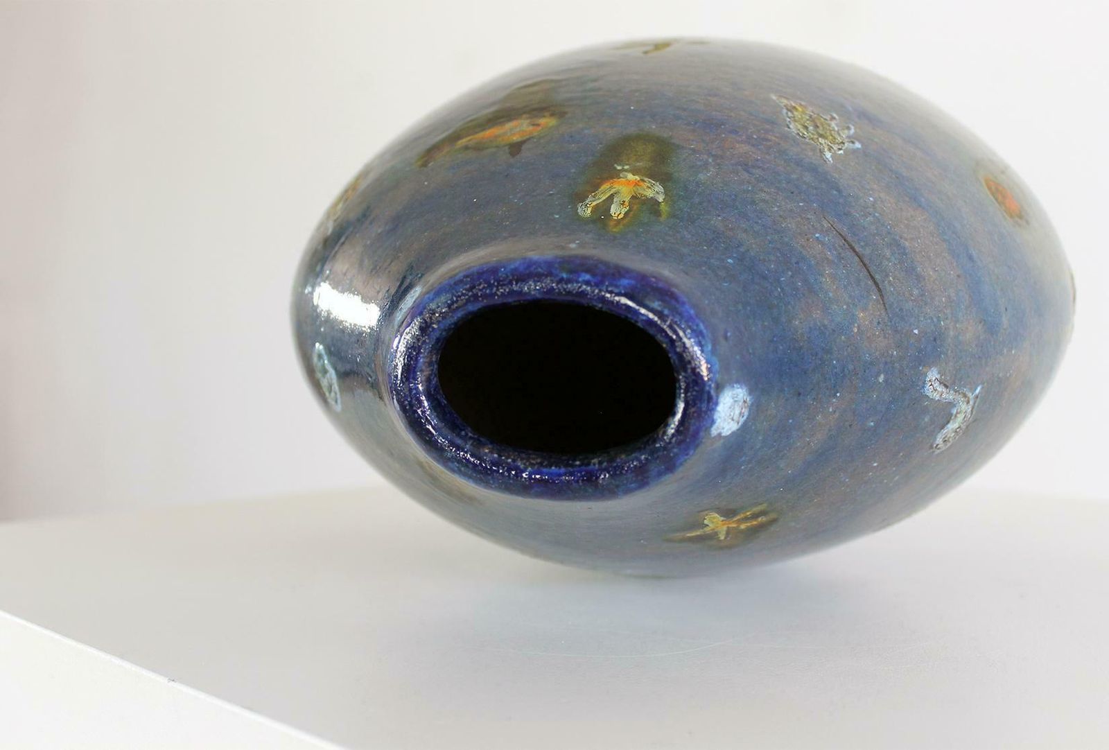 photo for sale Angelo Ungania Vase In Blue Ceramic With Marine Decorations 1940s Italy