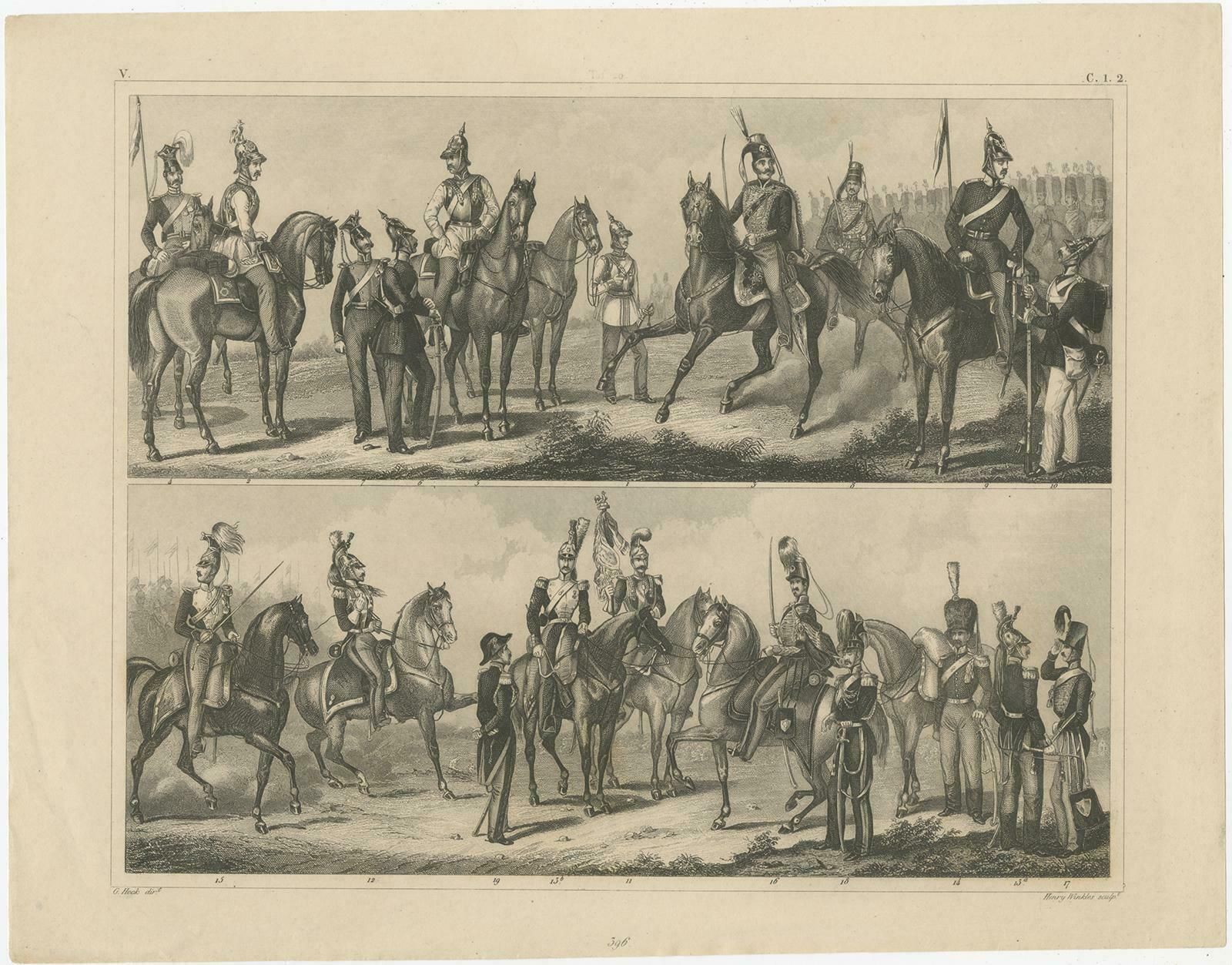Set Of 2 Antique Prints Of Various Soldiers By Heck '1849' photo Art