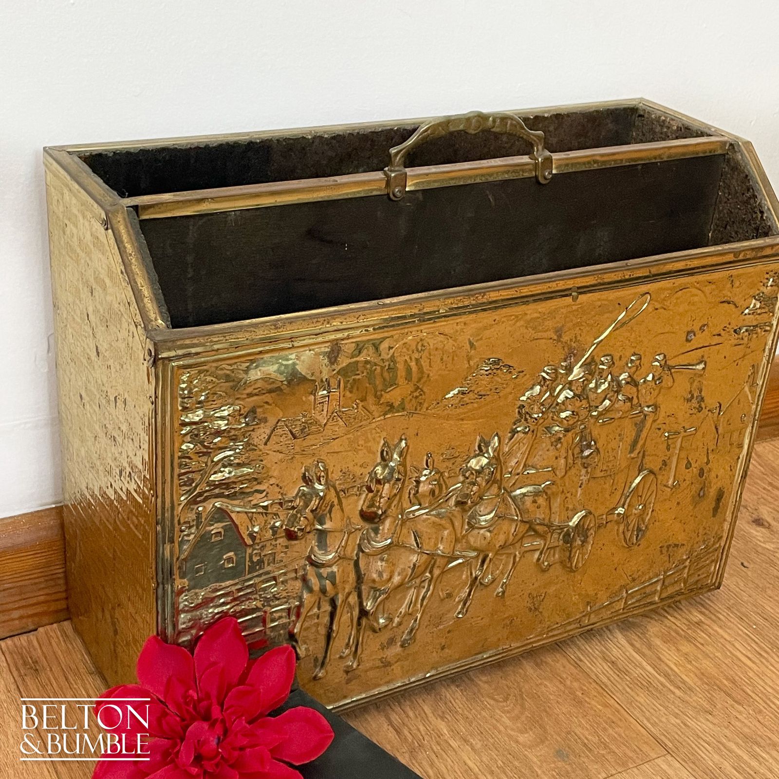 Mid Century Brass On Wood Magazine Holder With Coach & Horses Embossed photo for sale