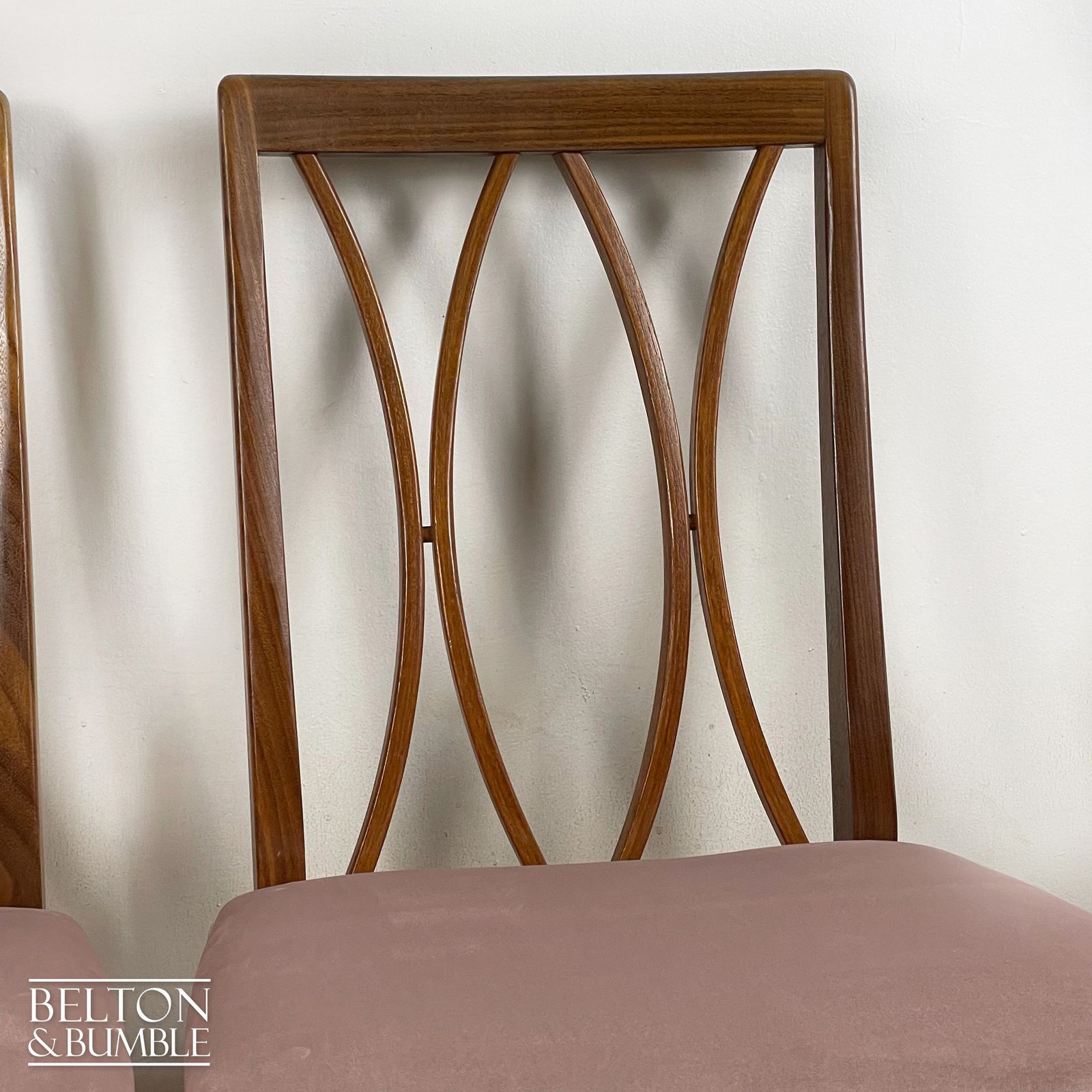 Set Of Four Modern G Plan Curve Back Teak & Afrormosia Dining Chairs By E. Gomme With Dusky Pink Velvet, 1970’s photo furniture
