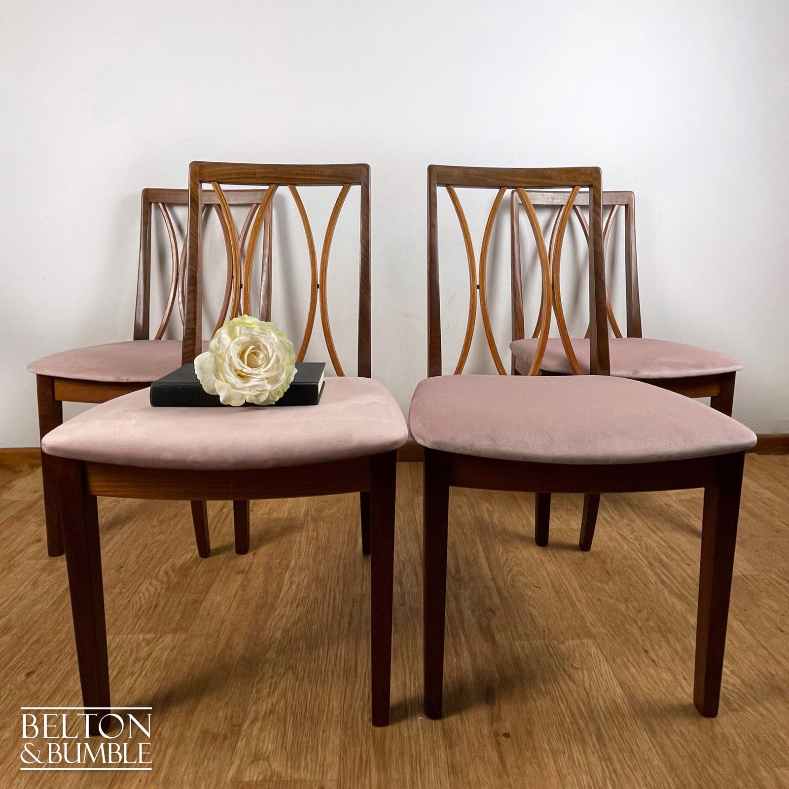 Set Of Four Modern G Plan Curve Back Teak & Afrormosia Dining Chairs By E. Gomme With Dusky Pink Velvet, 1970’s