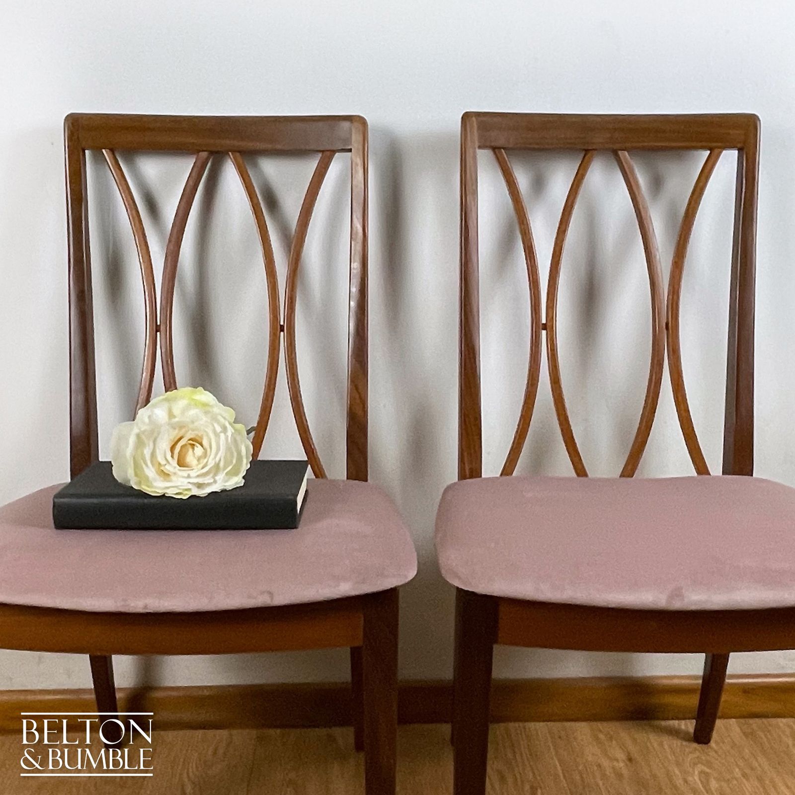 Set Of Four Modern G Plan Curve Back Teak & Afrormosia Dining Chairs By E. Gomme With Dusky Pink Velvet, 1970’s photo 795.0