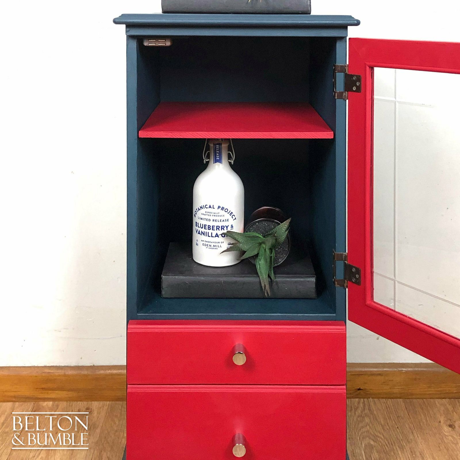 Petite Drinks Cabinet With Glass Door In Blue And Red photo vintage