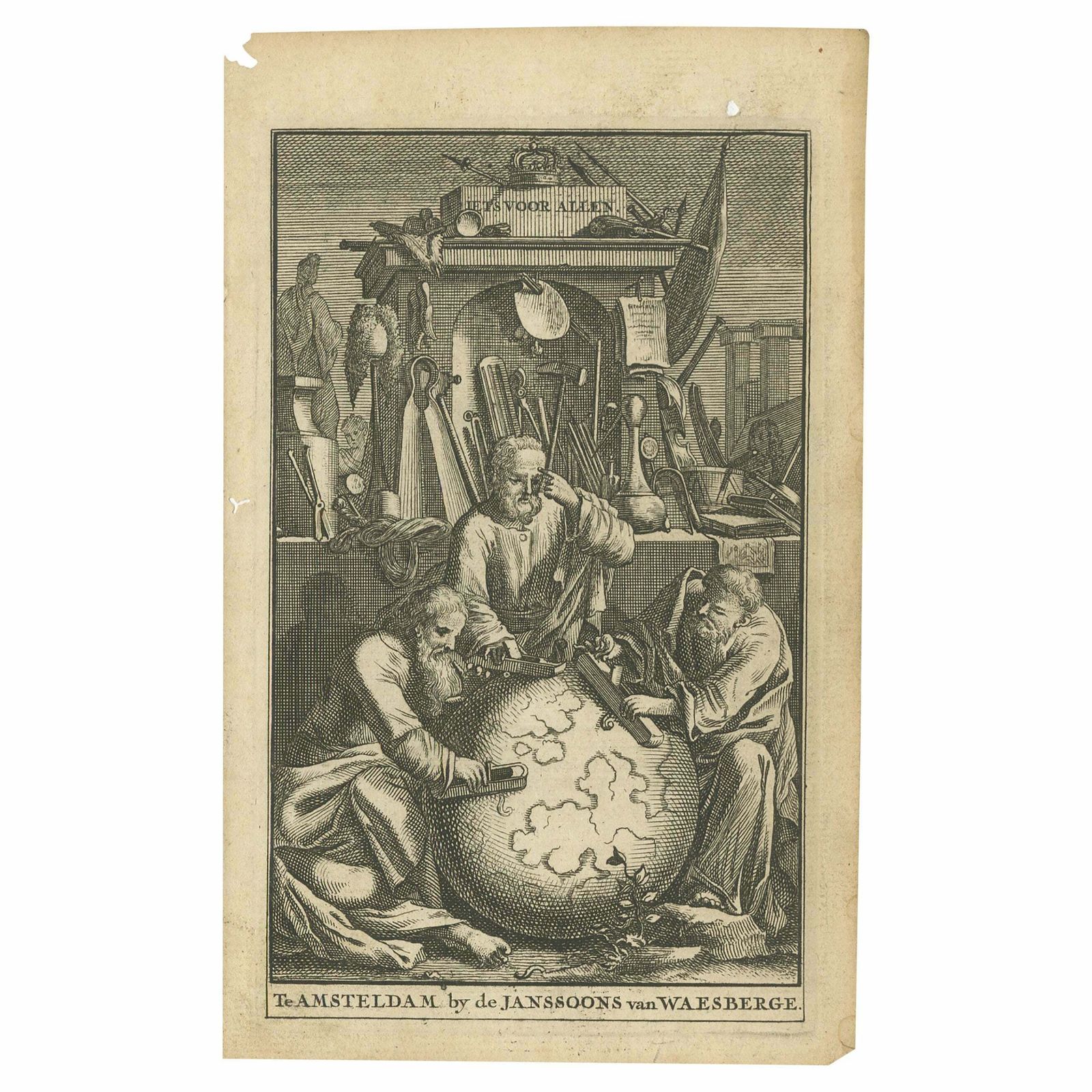 Antique Frontispiece Of An Old Dutch Book Depicting Globe Makers 1717