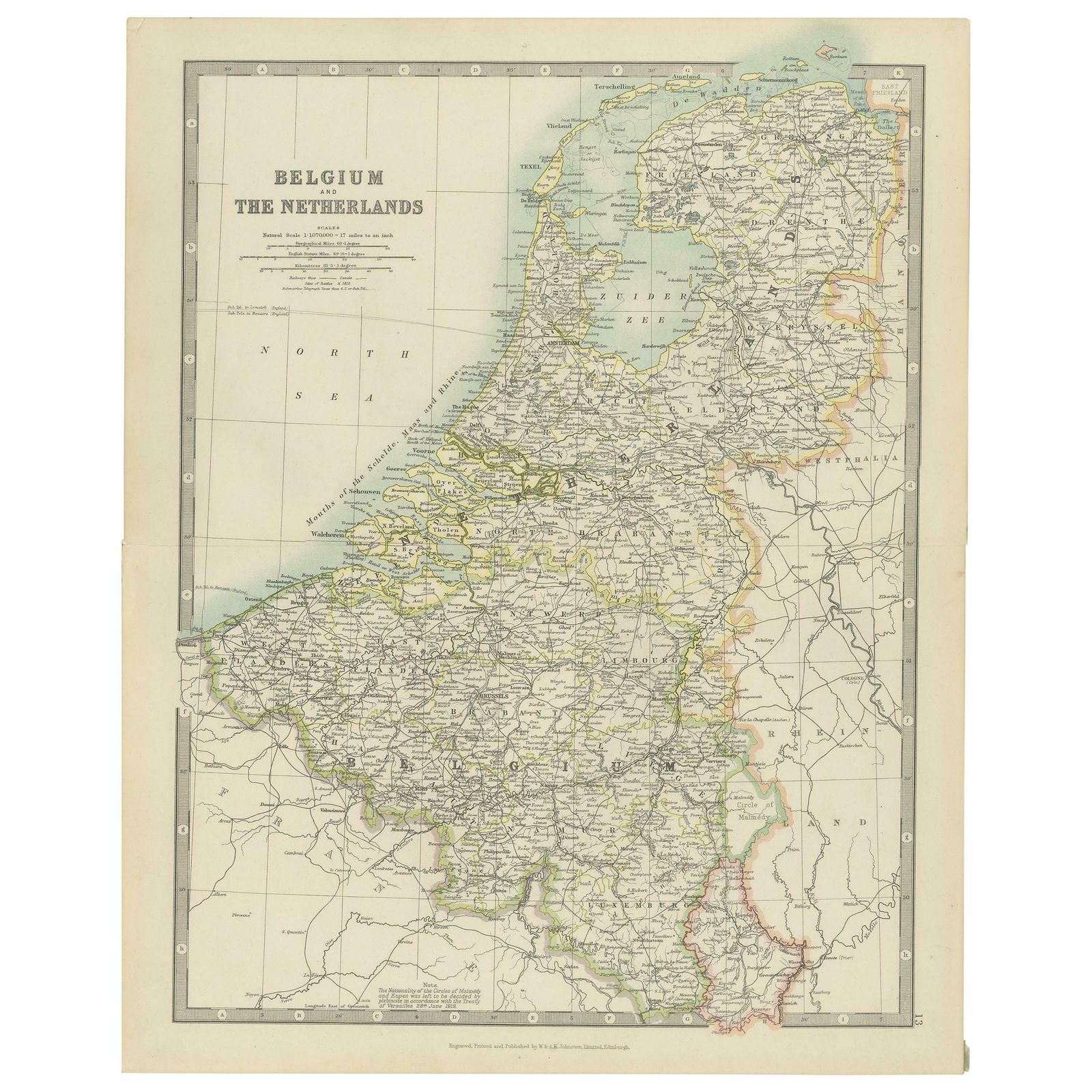Antique Map Of Belgium And The Netherlands By Johnston 'C.1920'