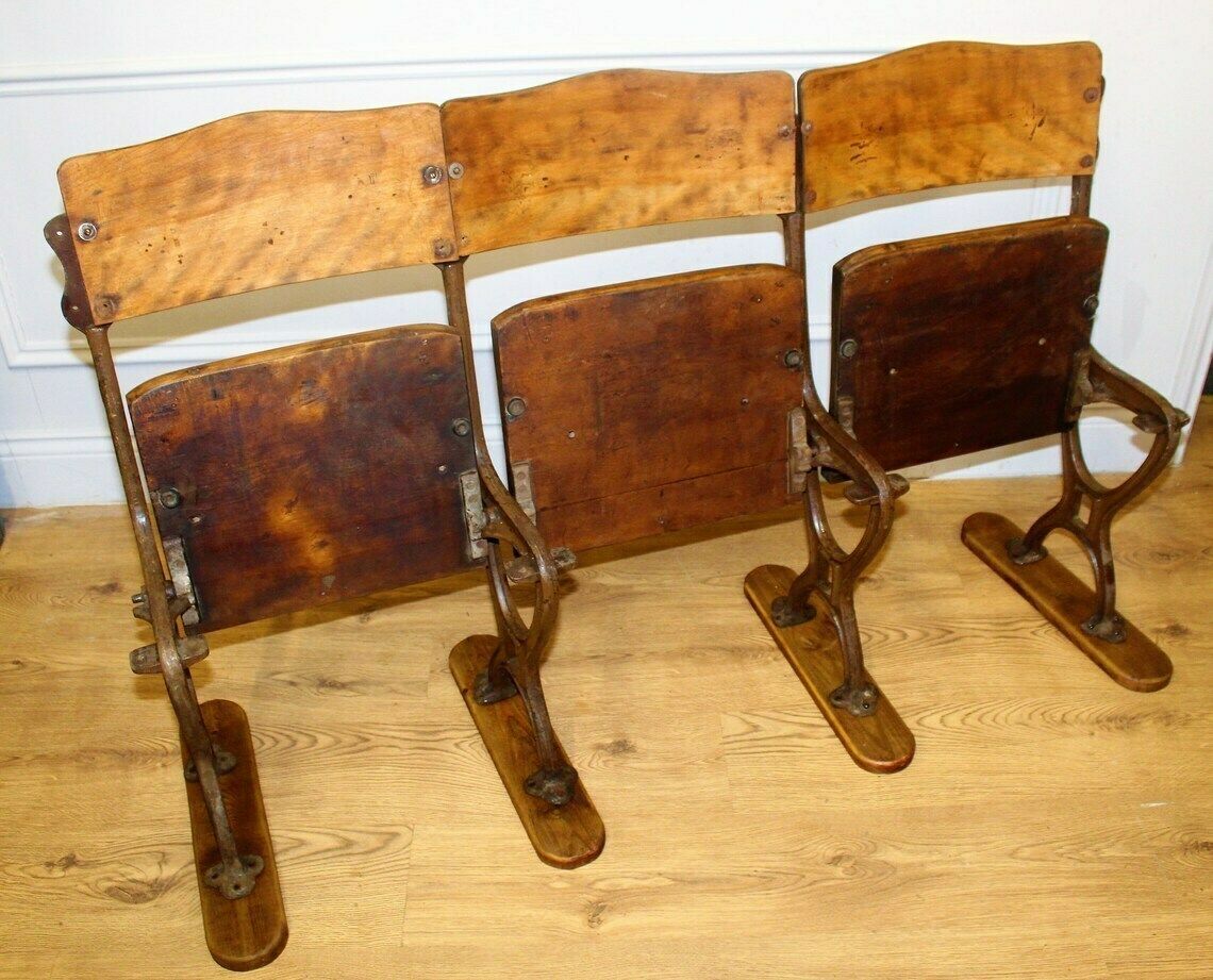 Vintage Three Seater Folding Theatre Cinema Chairs Antique Industrial Retro Hall Hallway Opera Stacking Art Deco photo furniture