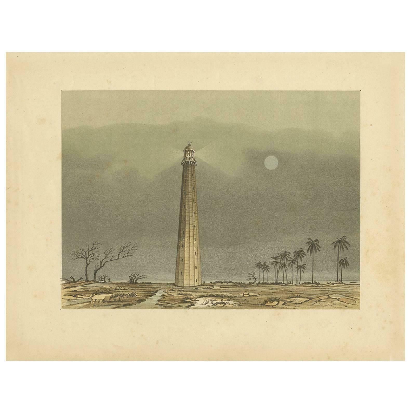 Antique Print Of A Lighthouse In The Sunda Strait By M.T.H. Perelaer, 1888