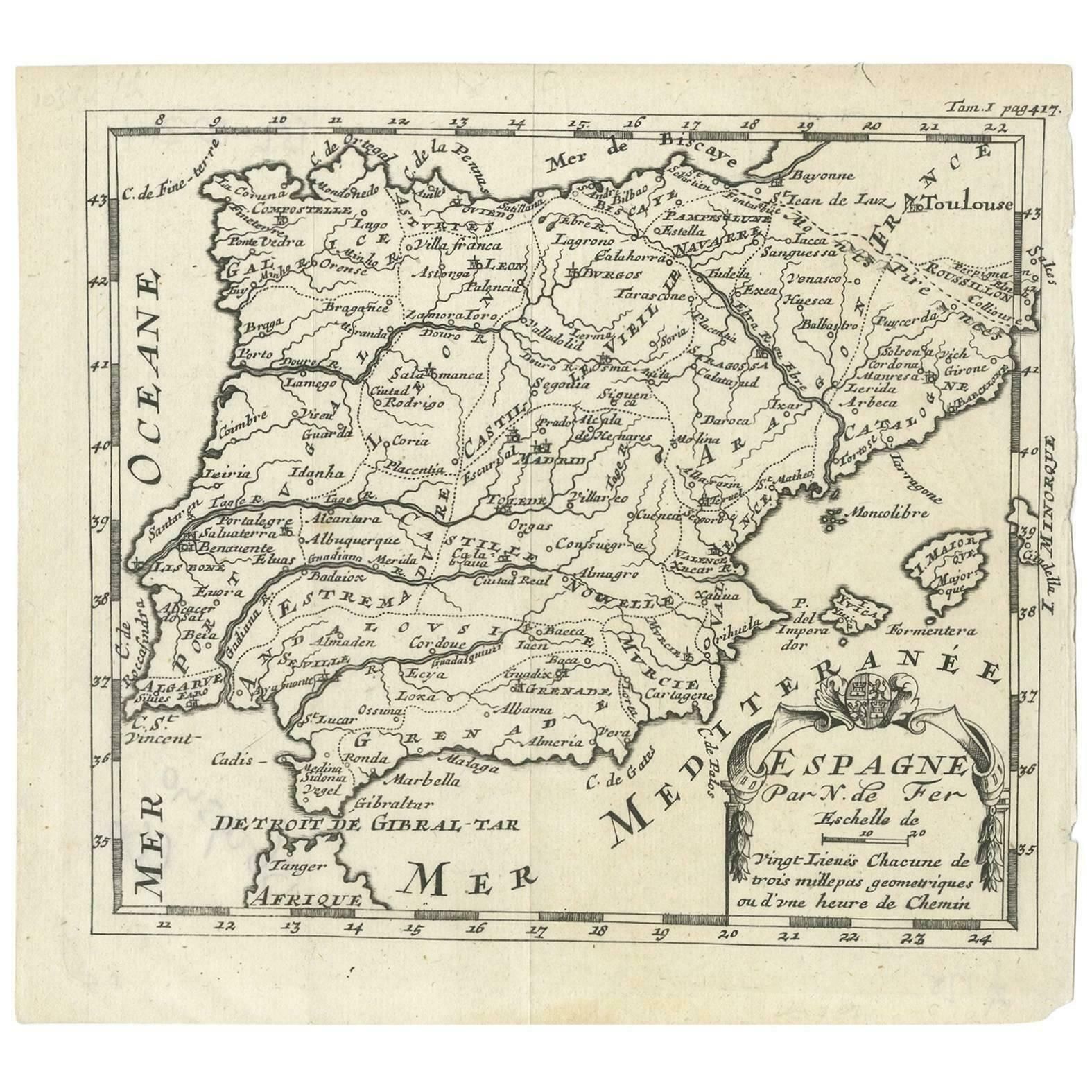 Antique Map Of Spain By N. De Fer, Circa 1700