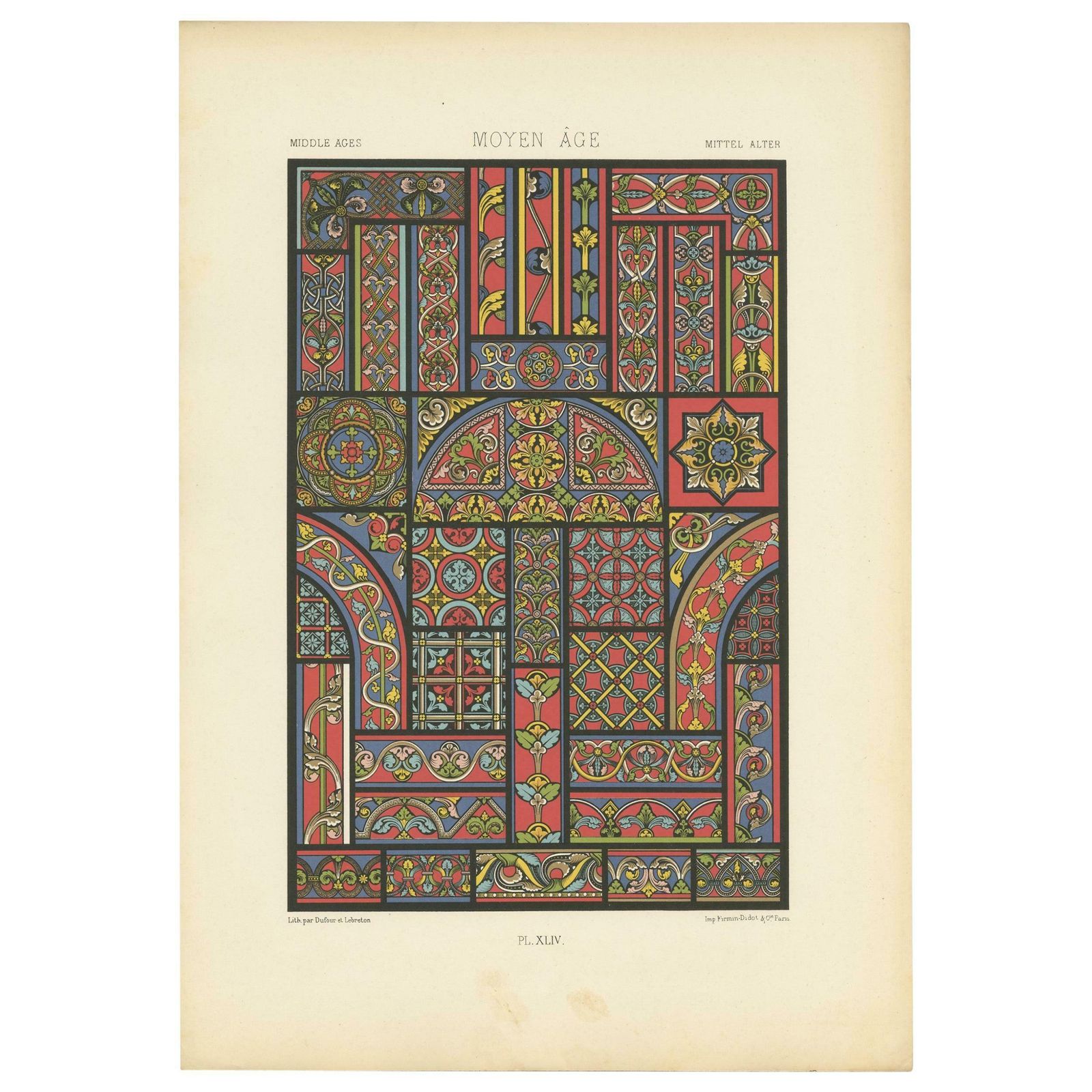 Pl. 44 Antique Print Of Middle Ages Ornaments By Racinet, Circa 1890